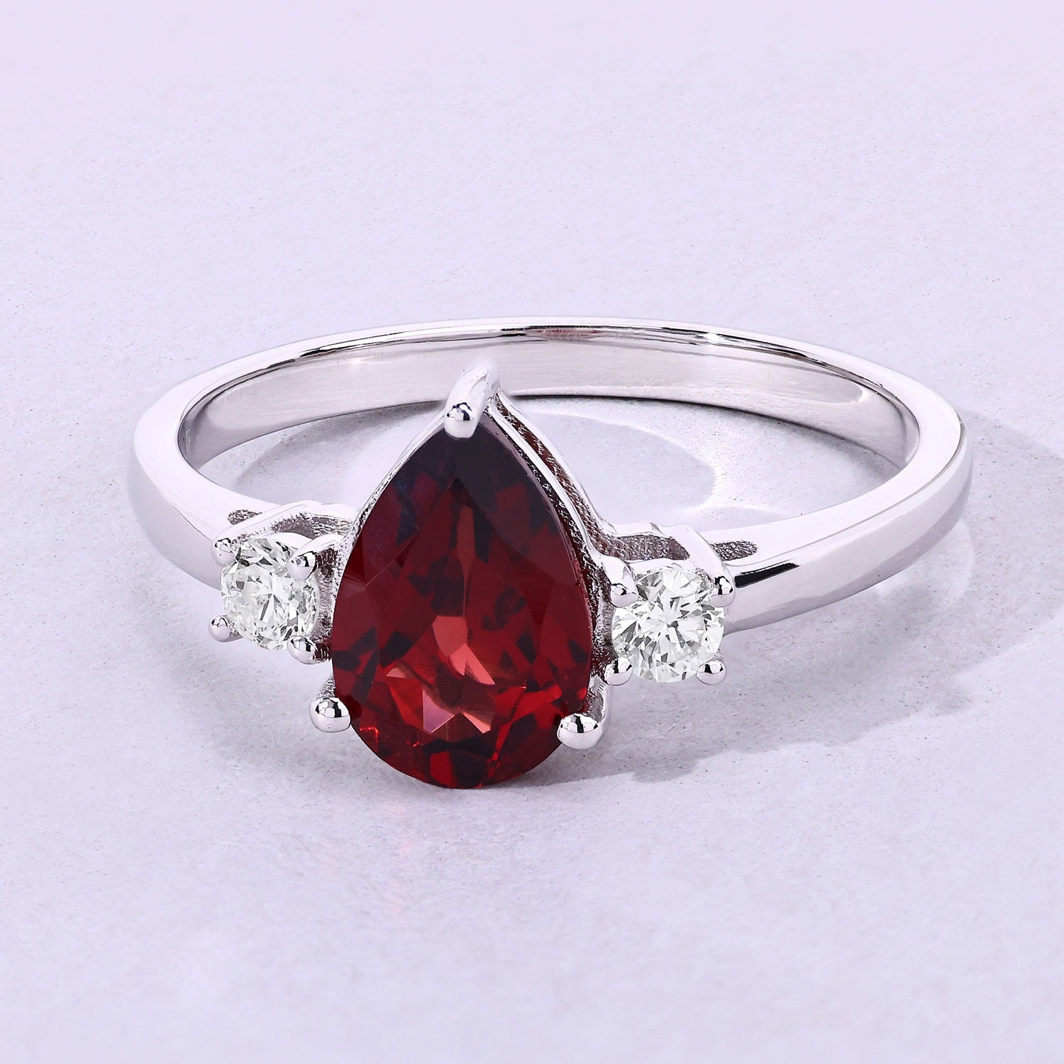 1.42 Ct Genuine Pear Shaped Mozambique Garnet and Lab Diamond Silver 3 Stone Ring Fine Color Jewels