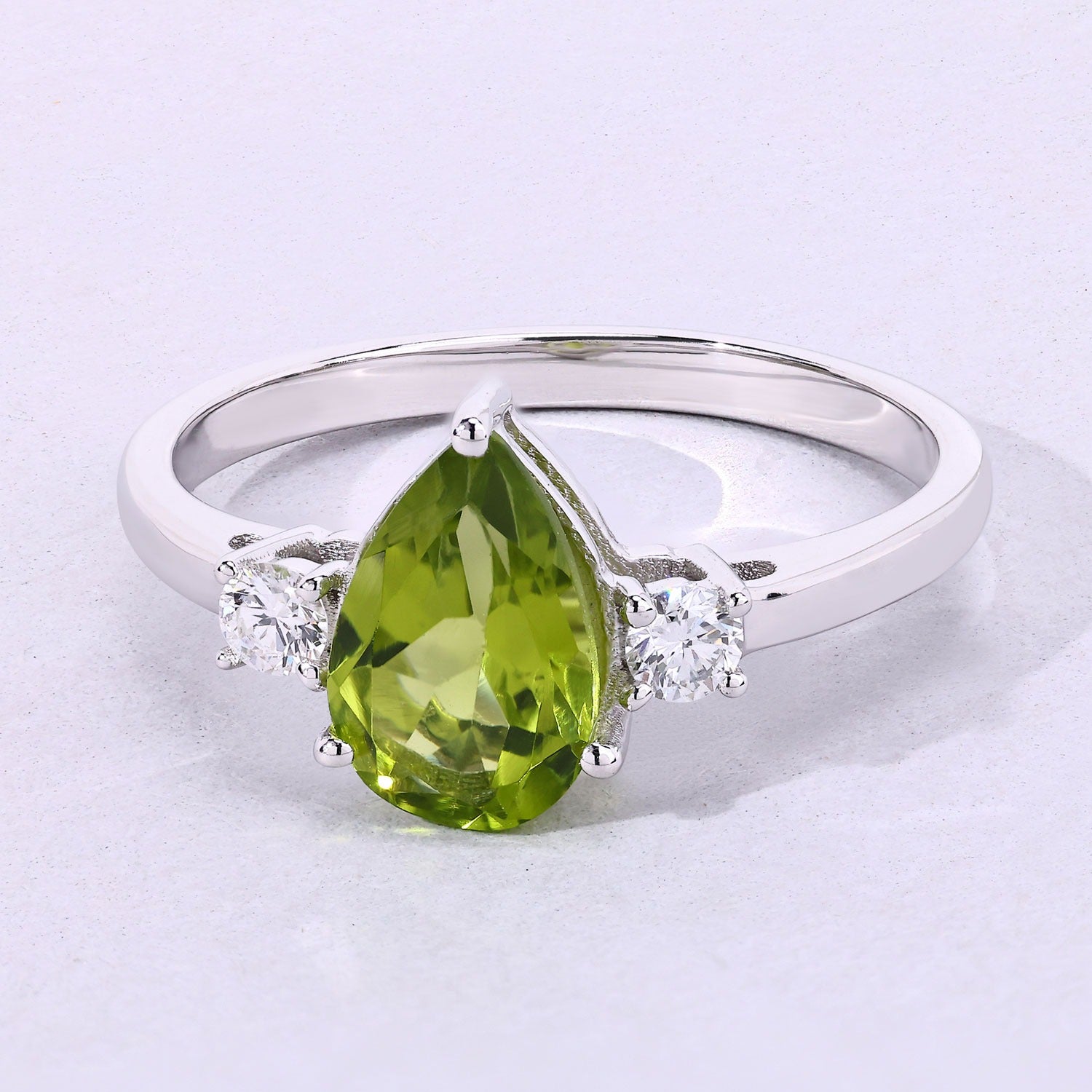 1.22 Ct Genuine Pear Shaped Green Peridot and Lab Diamond Silver 3 Stone Ring Fine Color Jewels