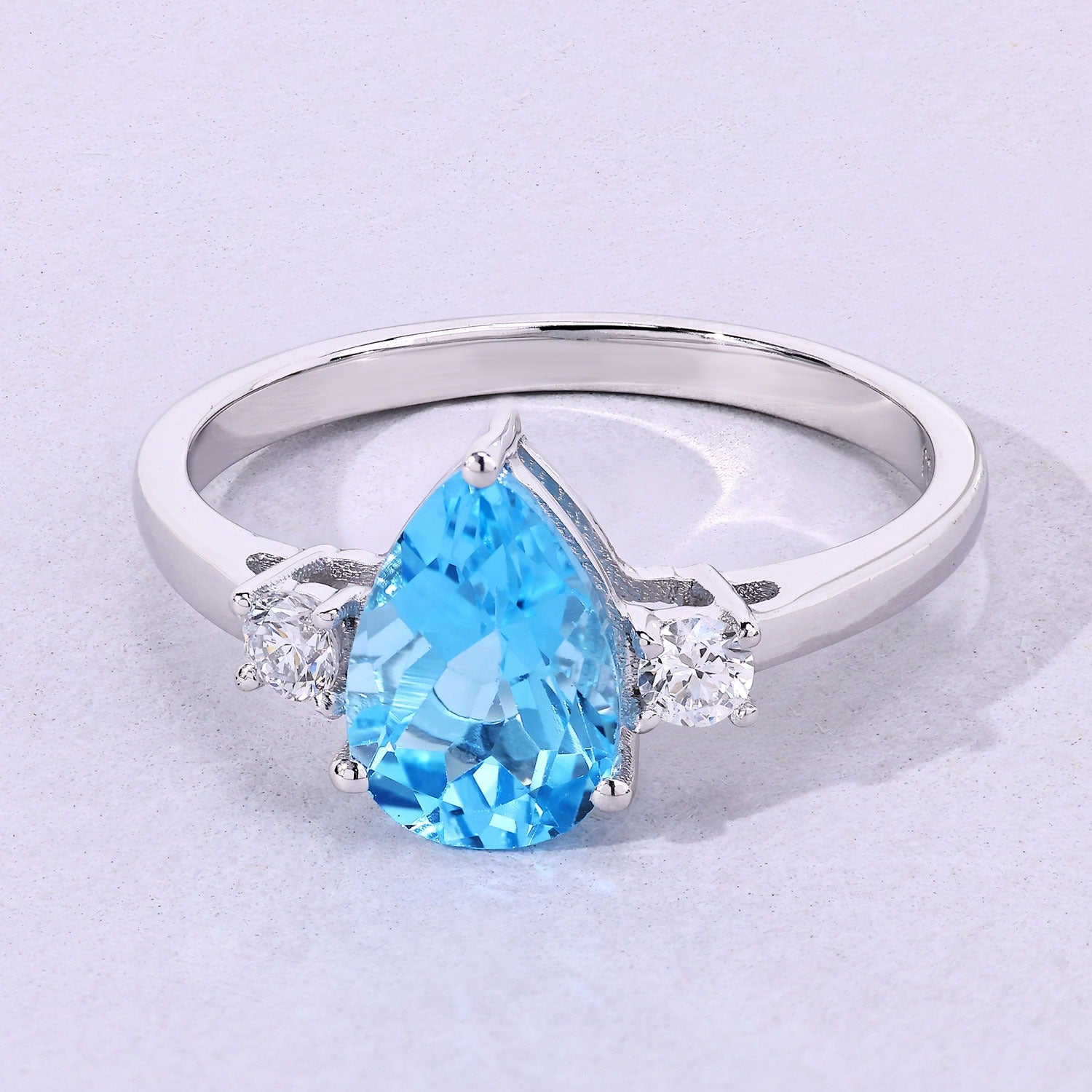 1.42 Ct Genuine Pear Shaped Swiss Blue Topaz and Lab Diamond Silver 3 Stone Ring Fine Color Jewels