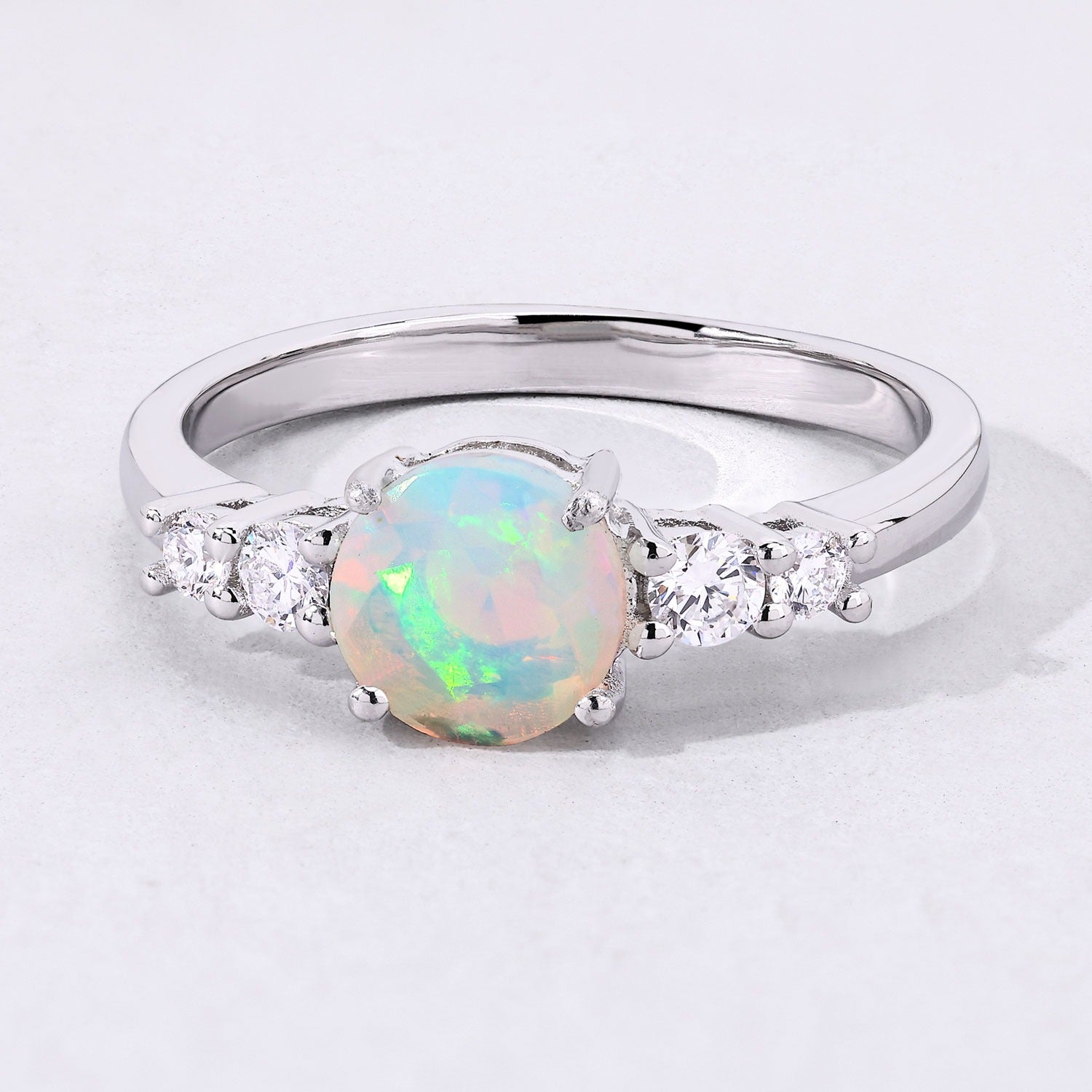 0.79 Ct Genuine Ethiopian Opal and Lab Diamond Silver 5 Stone Ring Fine Color Jewels