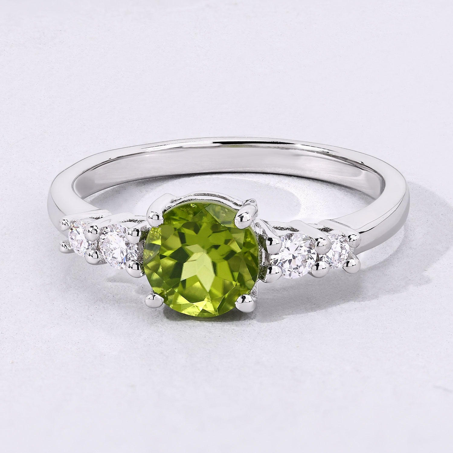 1.29 Ct Genuine Peridot and Lab Diamond Silver 5 Stone Ring Fine Color Jewels