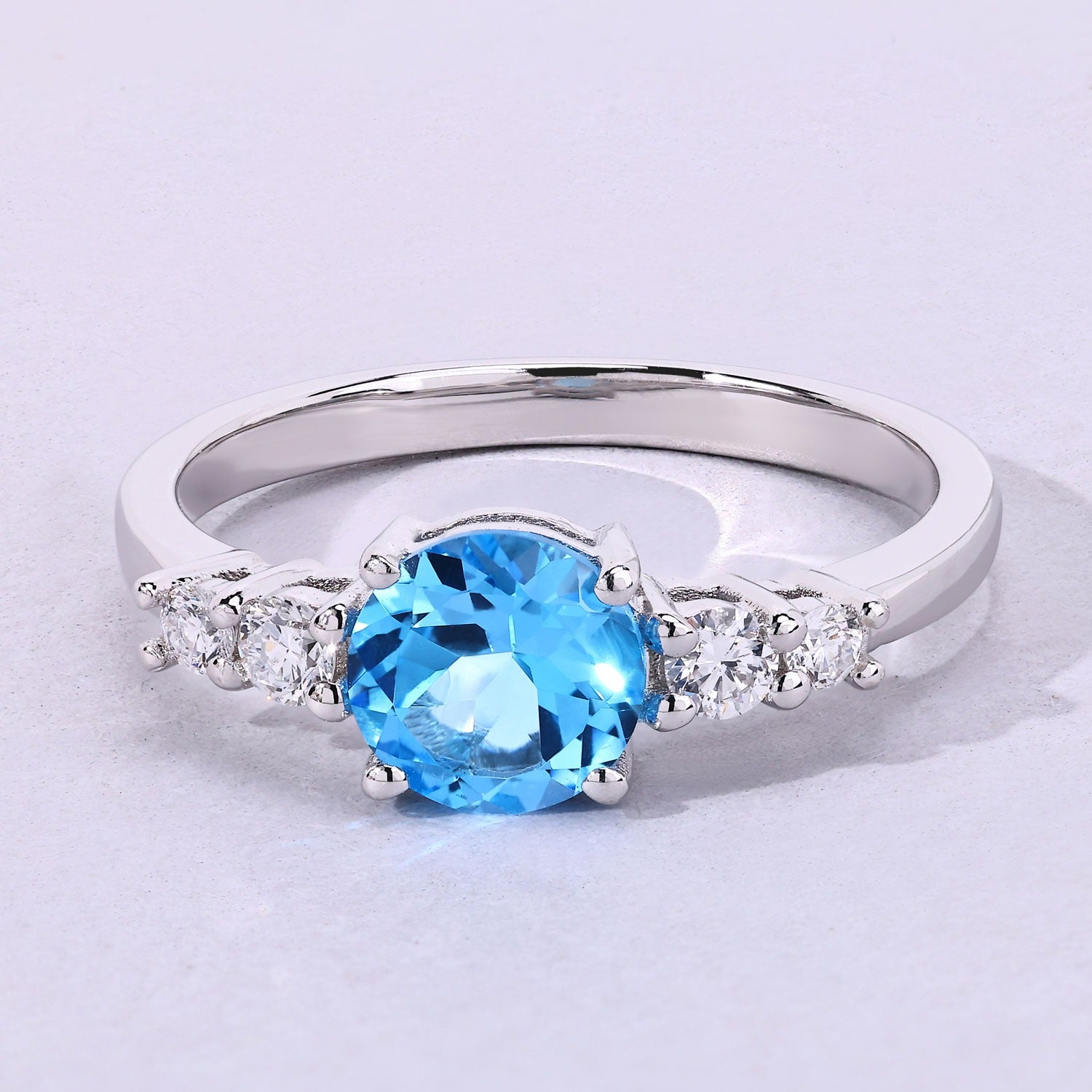 1.39 Ct Genuine Swiss Blue Topaz and Lab Diamond Silver 5 Stone Ring Fine Color Jewels