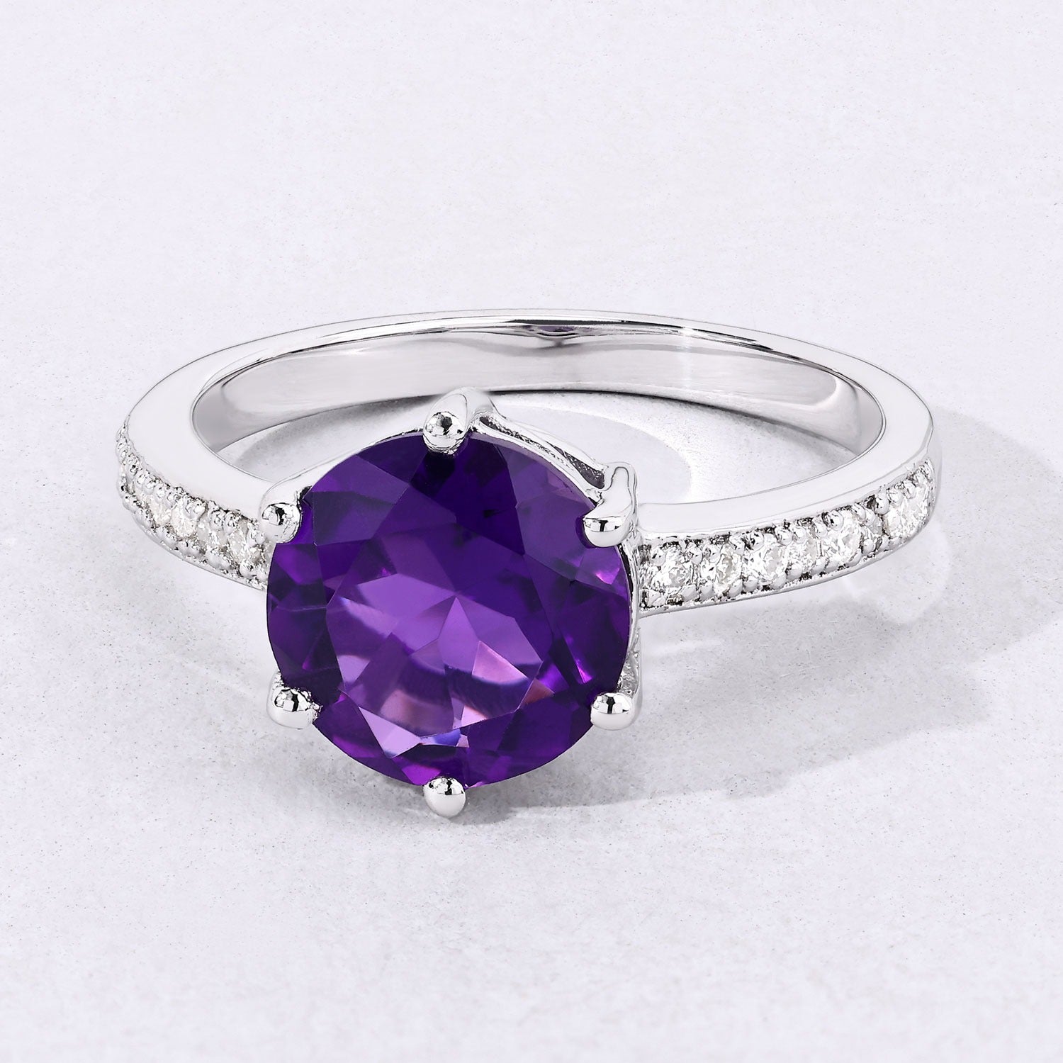 2.56 Ct Genuine Round Amethyst and Lab Grown Diamond Silver Bridge Ring