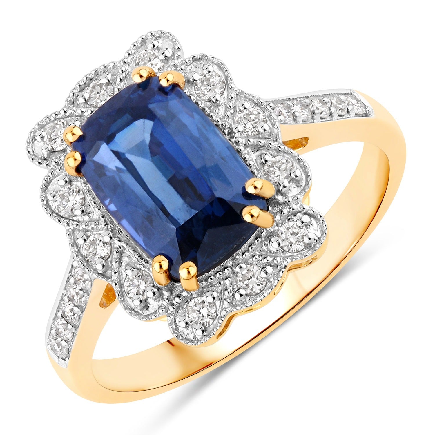 3.21 Ct Genuine Cushion Ceylon Blue Sapphire and Diamond 18K Gold Statement Halo Ring