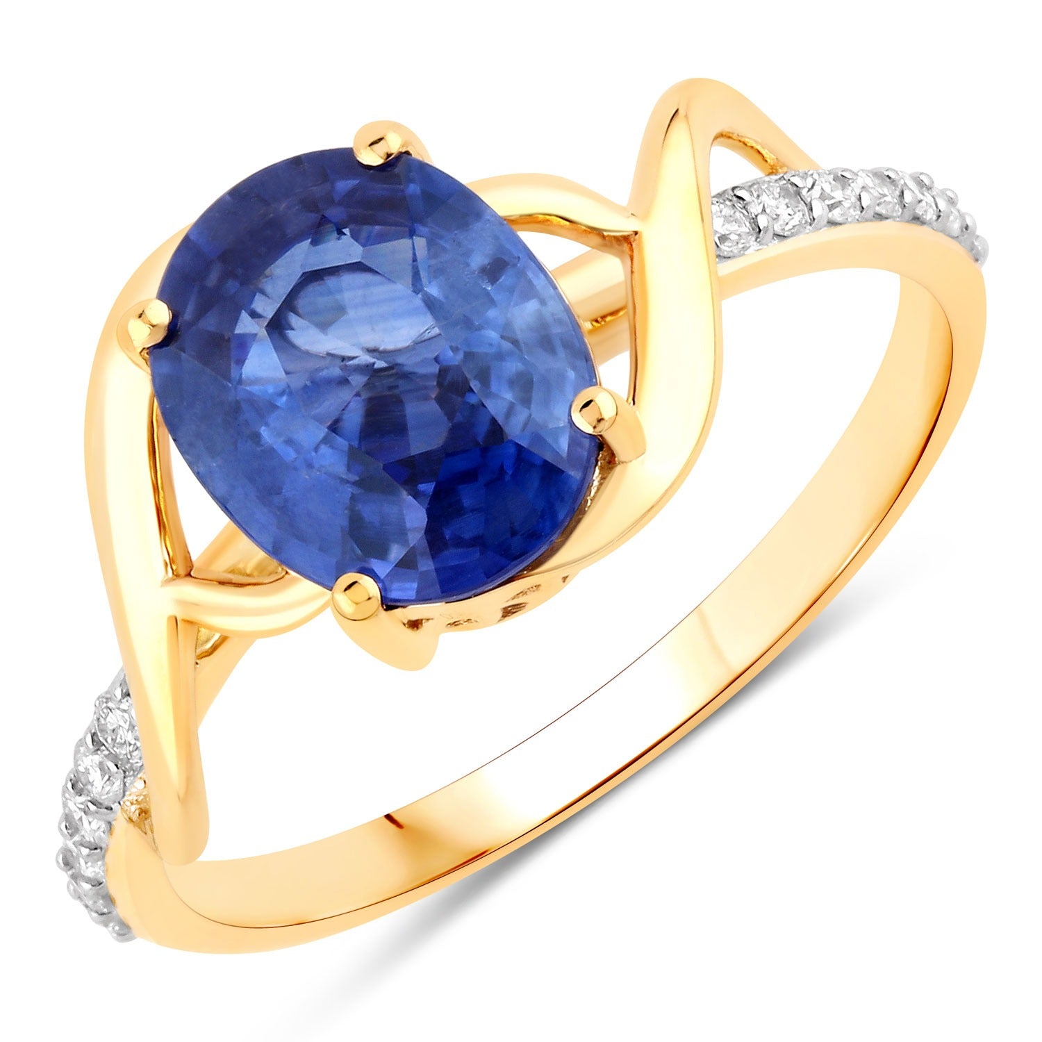 2.34 Ct Genuine Oval Ceylon Blue Sapphire Diamond 18K Yellow Gold Crossover Ring