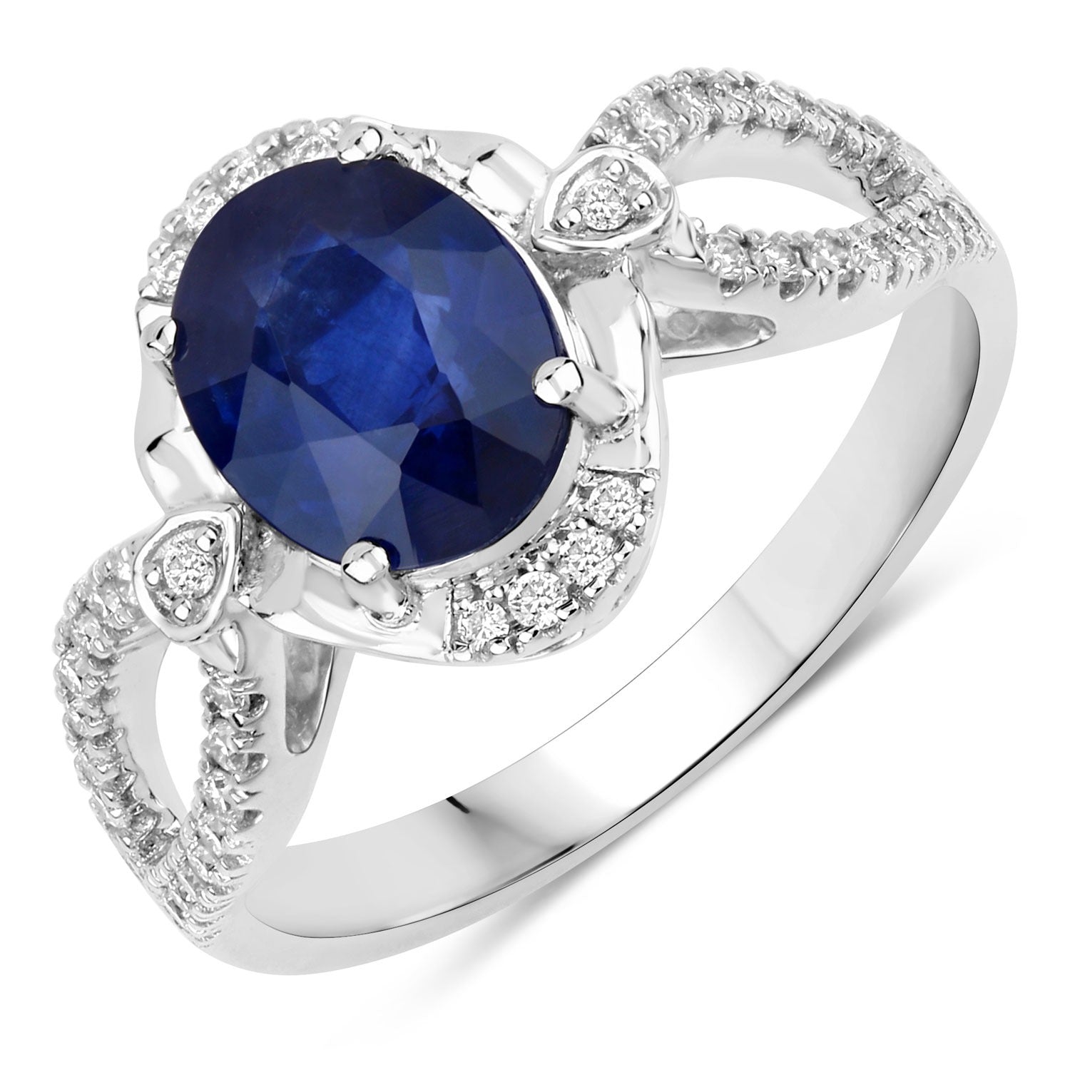 2.33 Ct Genuine Oval Ceylon Blue Sapphire Diamond 18K White Gold Crossover Ring