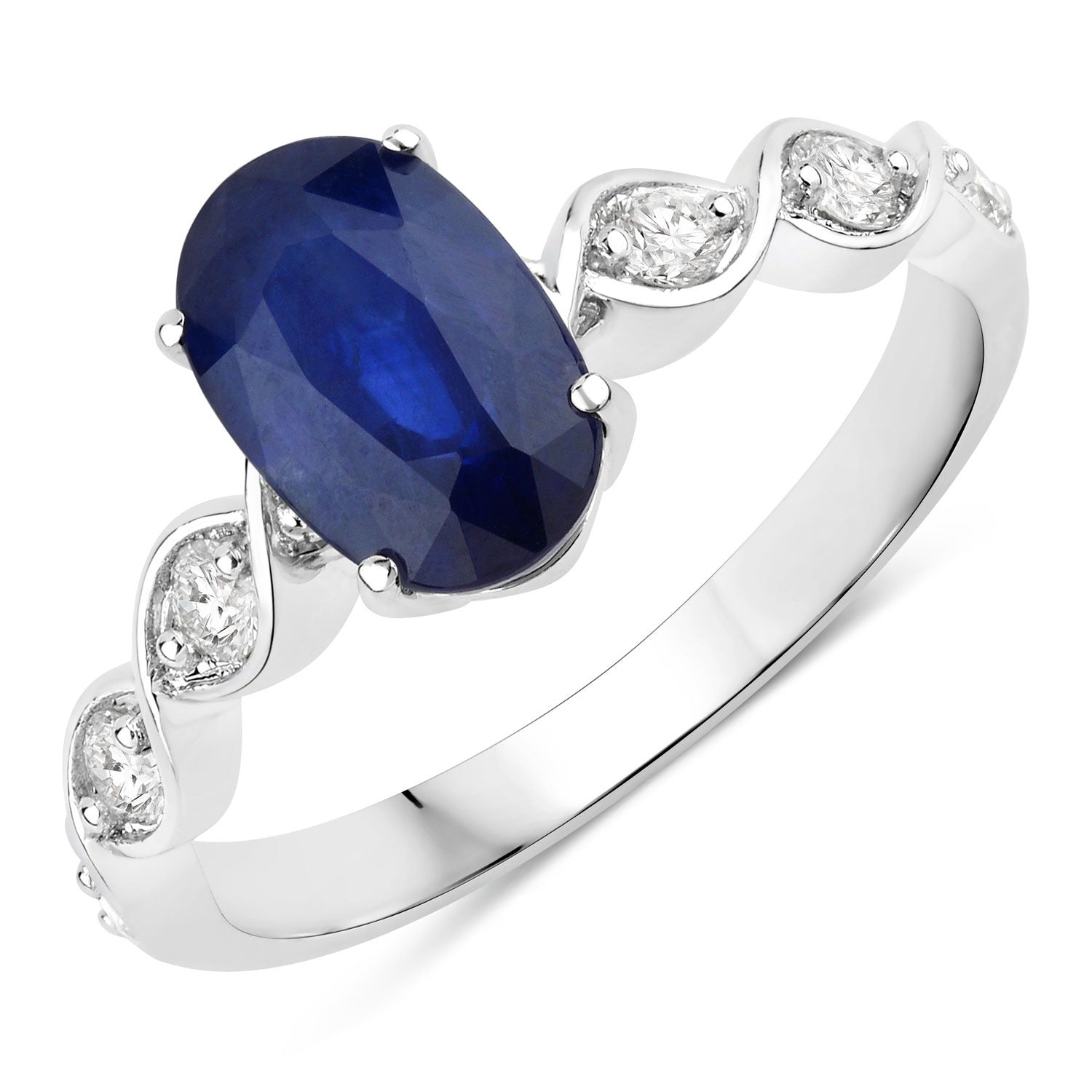 2.57 Ct Oval Genuine Ceylon Blue Sapphire Diamond 18K White Gold Crossover Ring