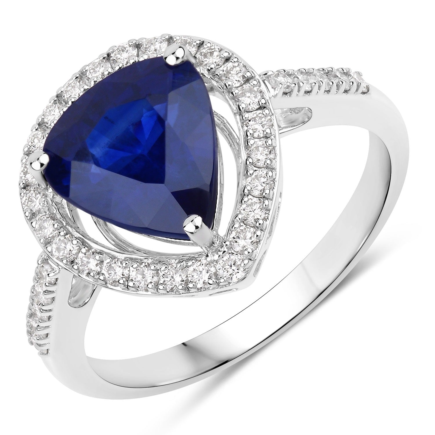 3.47 Ct Pear Shaped Genuine Ceylon Blue Sapphire Diamond 18K White Gold Halo Ring