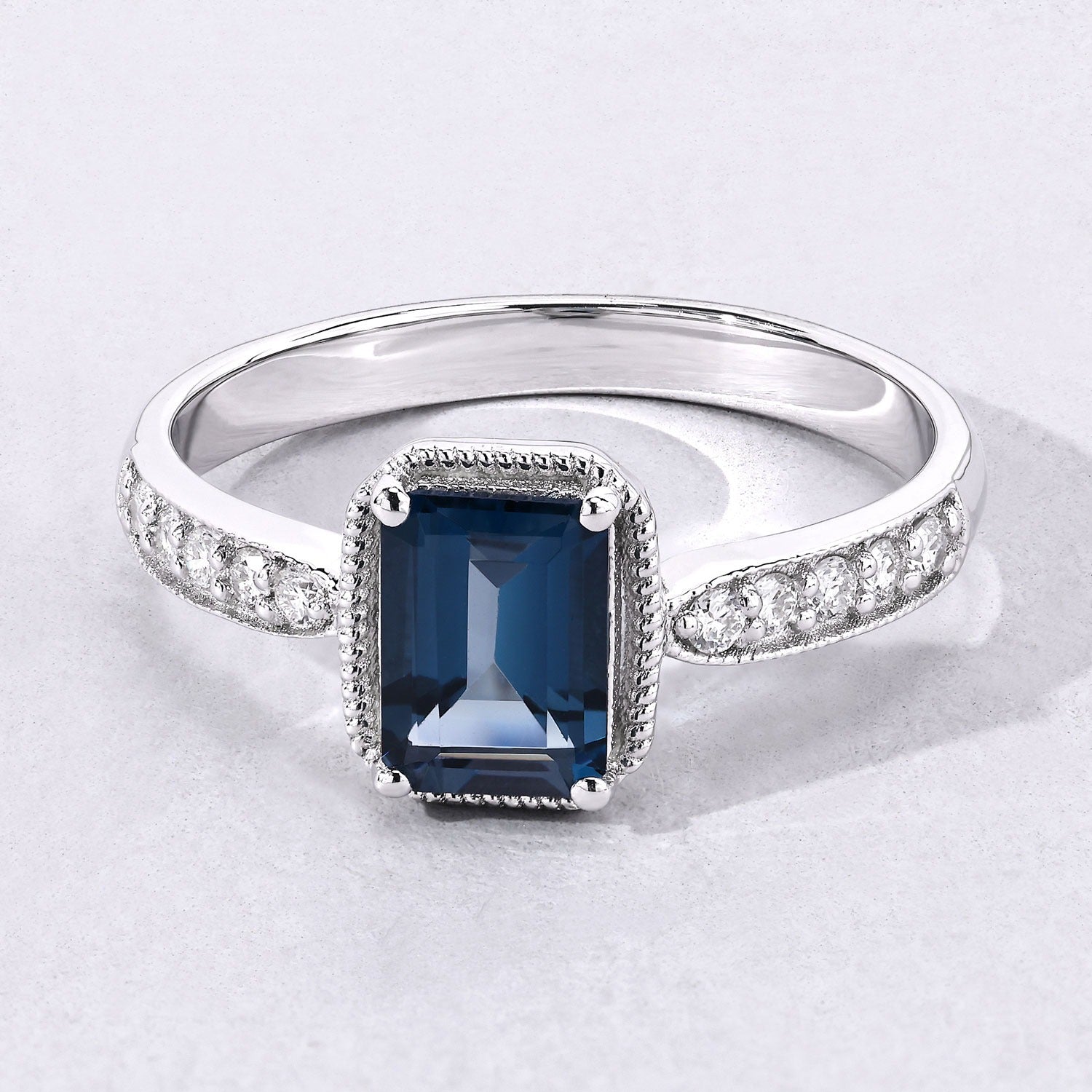 1.21 Ct Genuine London Blue Topaz and Lab Grown Diamond Sterling Silver Octagon Bridge Ring Fine Color Jewels
