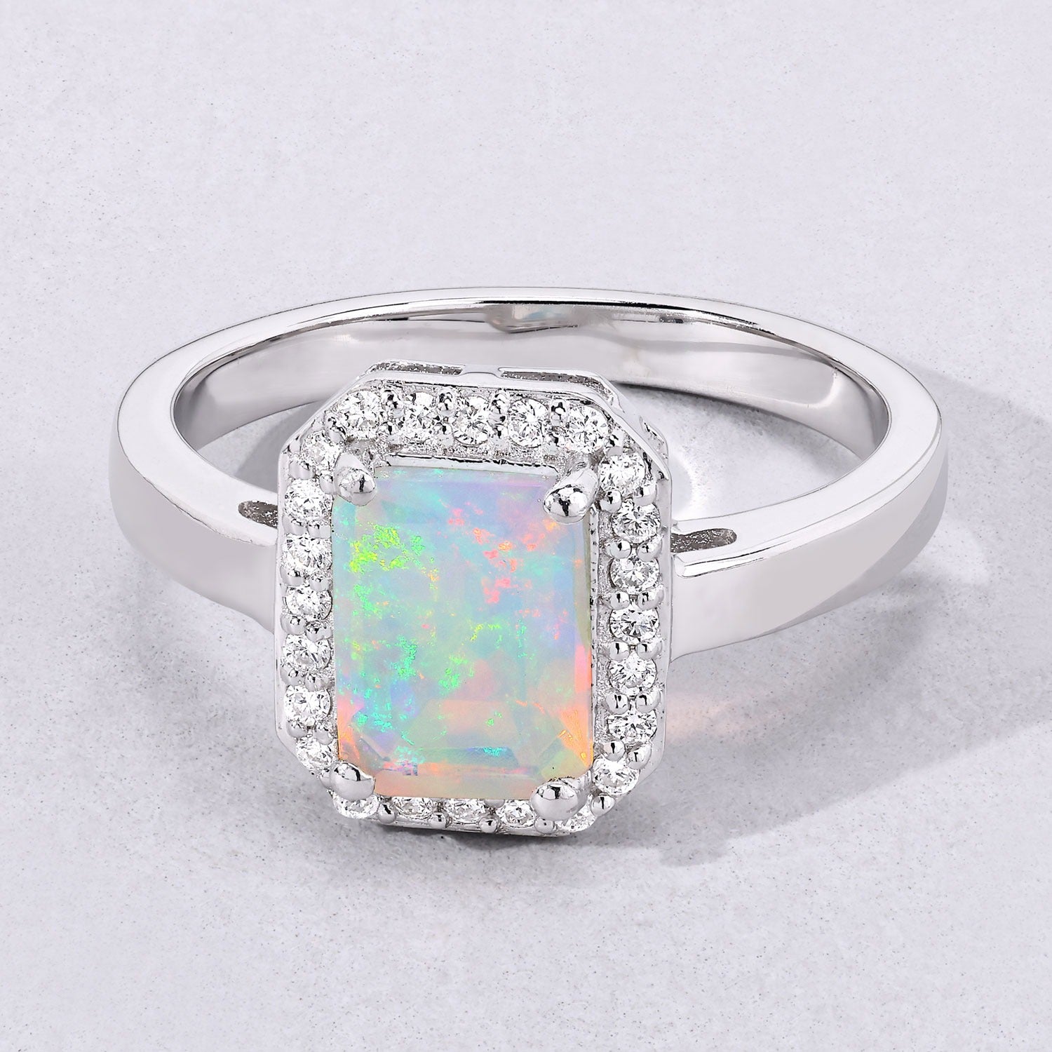 1.23 Ct Genuine Ethiopian Opal and Lab Diamond Octagon Silver Halo Octagon Ring Fine Color Jewels