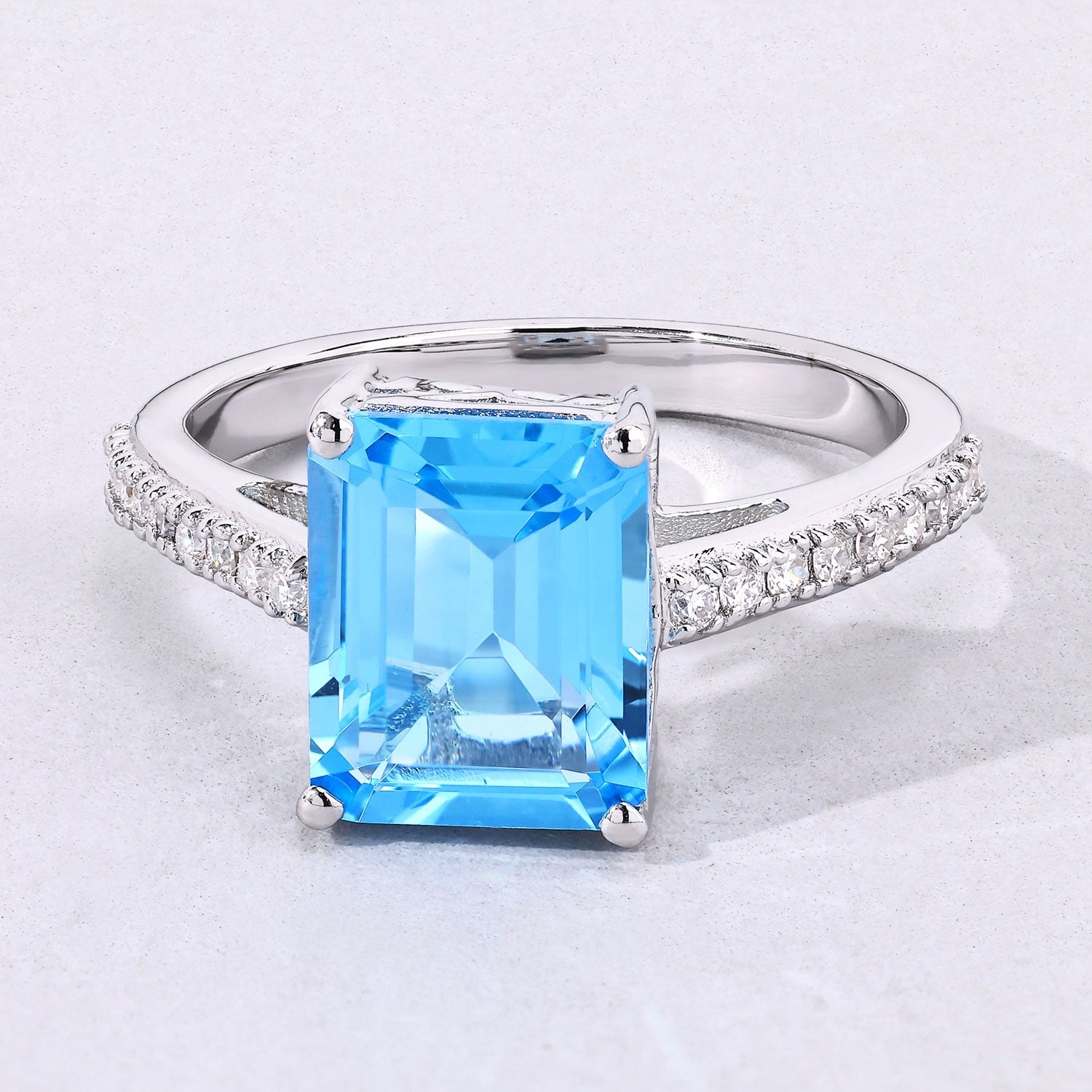 4.07 Ct Genuine Swiss Blue Topaz and Lab Diamond Silver Statement Pave Bridge Ring Fine Color Jewels