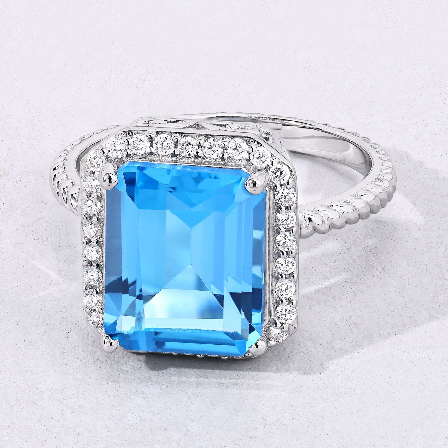 5.68 Ct Genuine Swiss Blue Topaz and Lab Diamond Silver Halo Statement Ring Fine Color Jewels