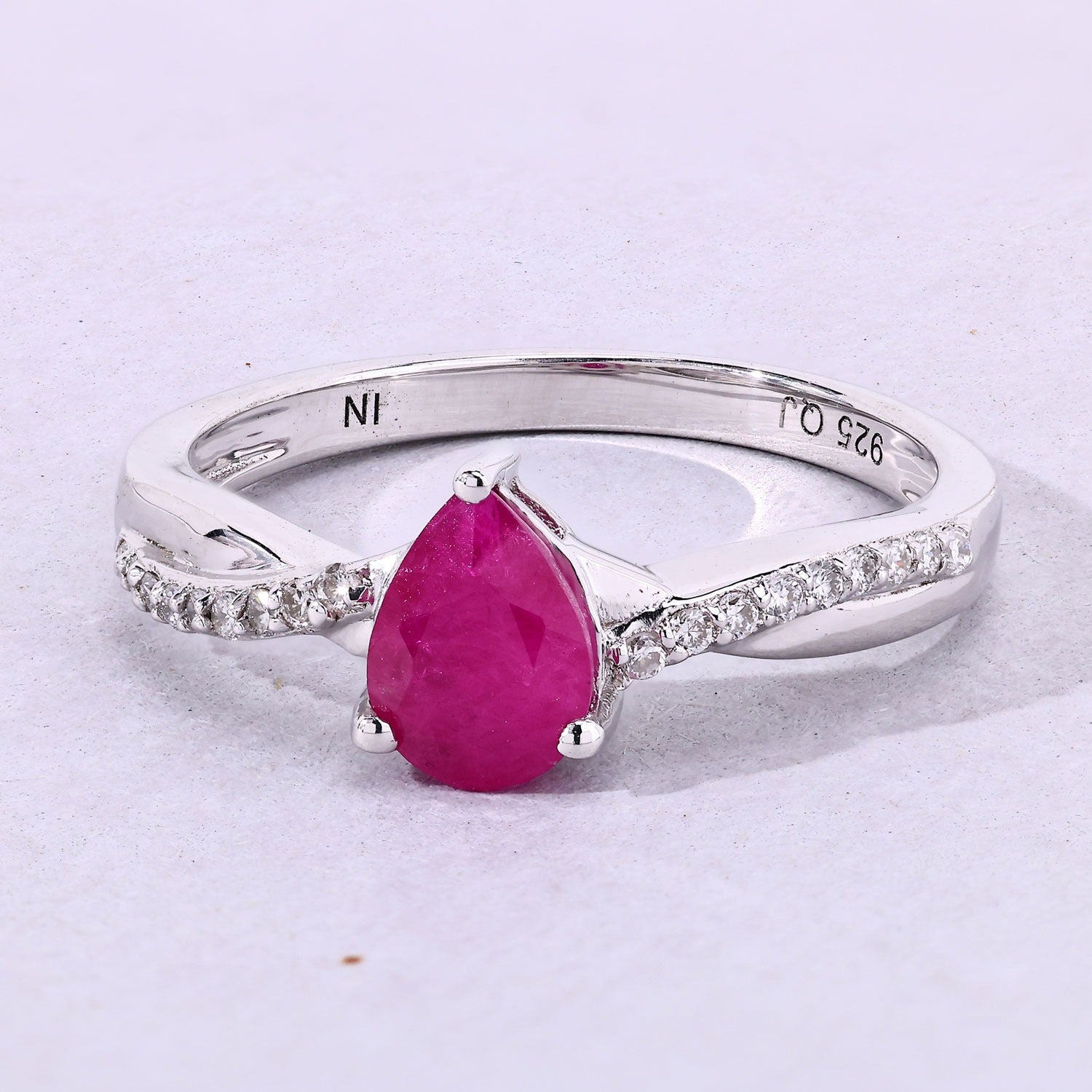 0.94 Ct Genuine Pear Ruby and Lab Diamond Silver Crossover Ring Fine Color Jewels