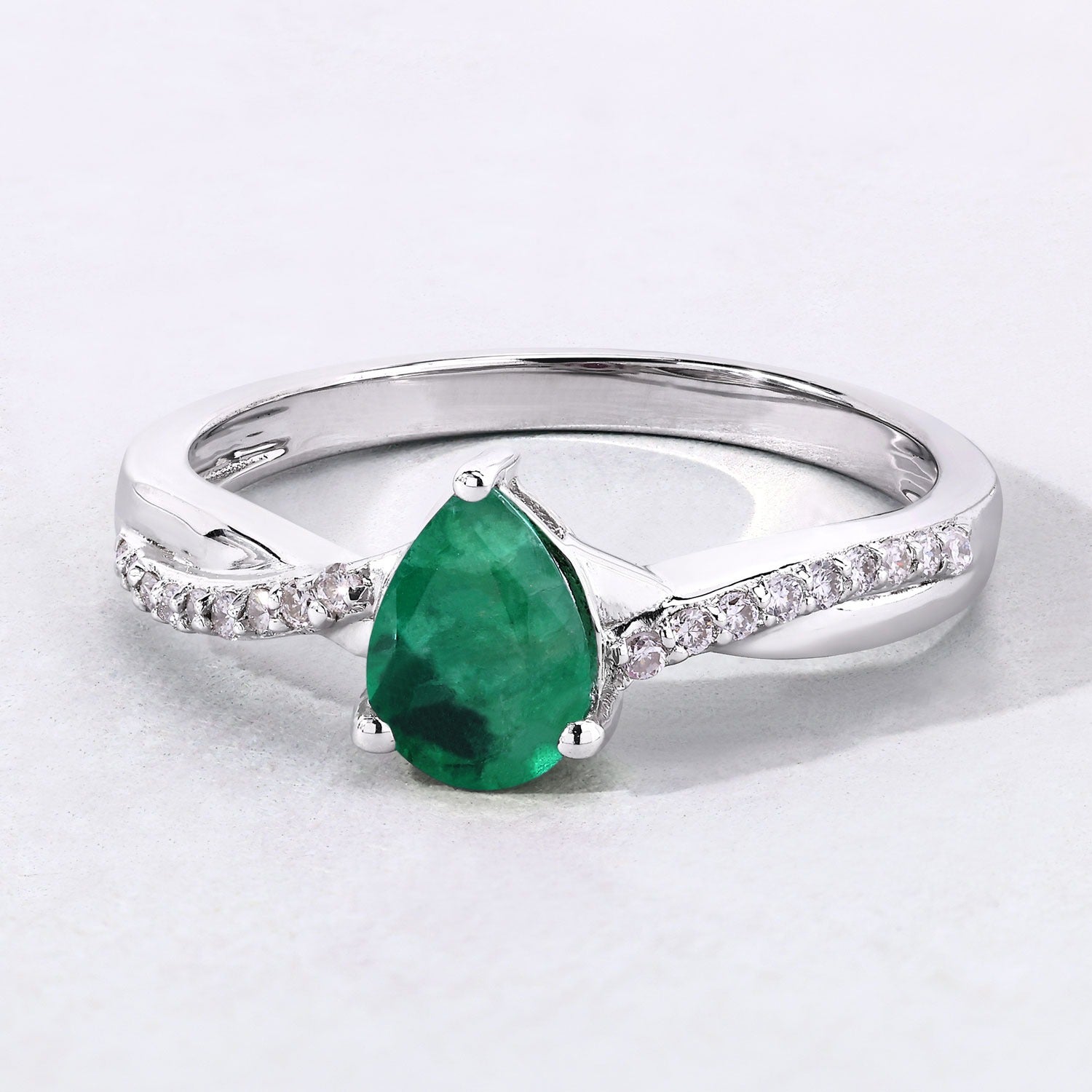 0.79 Ct Genuine Pear Zambian Emerald and Lab Diamond Silver Crossover Ring Fine Color Jewels