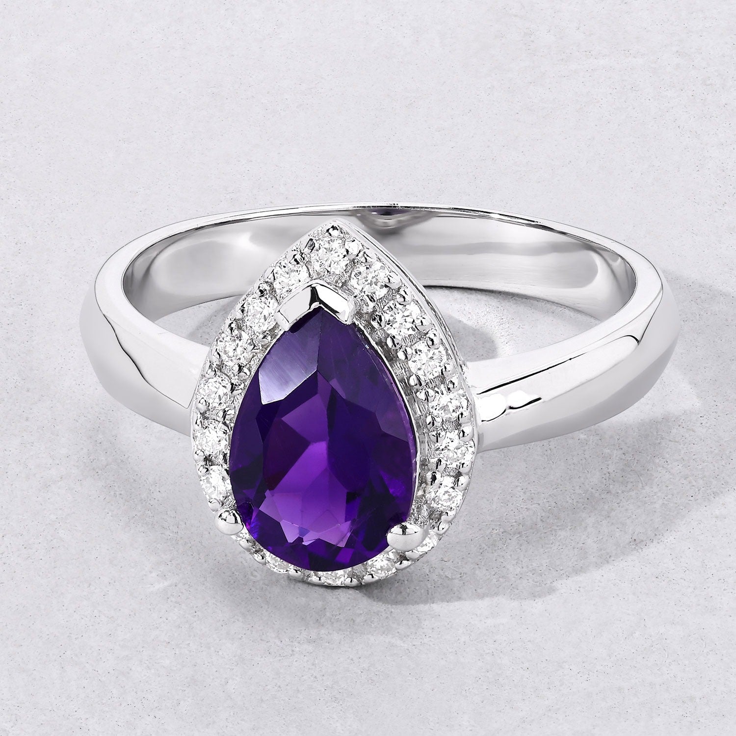 1.33 Ct Genuine Amethyst and Lab Grown Diamond Silver Teardrop Ring