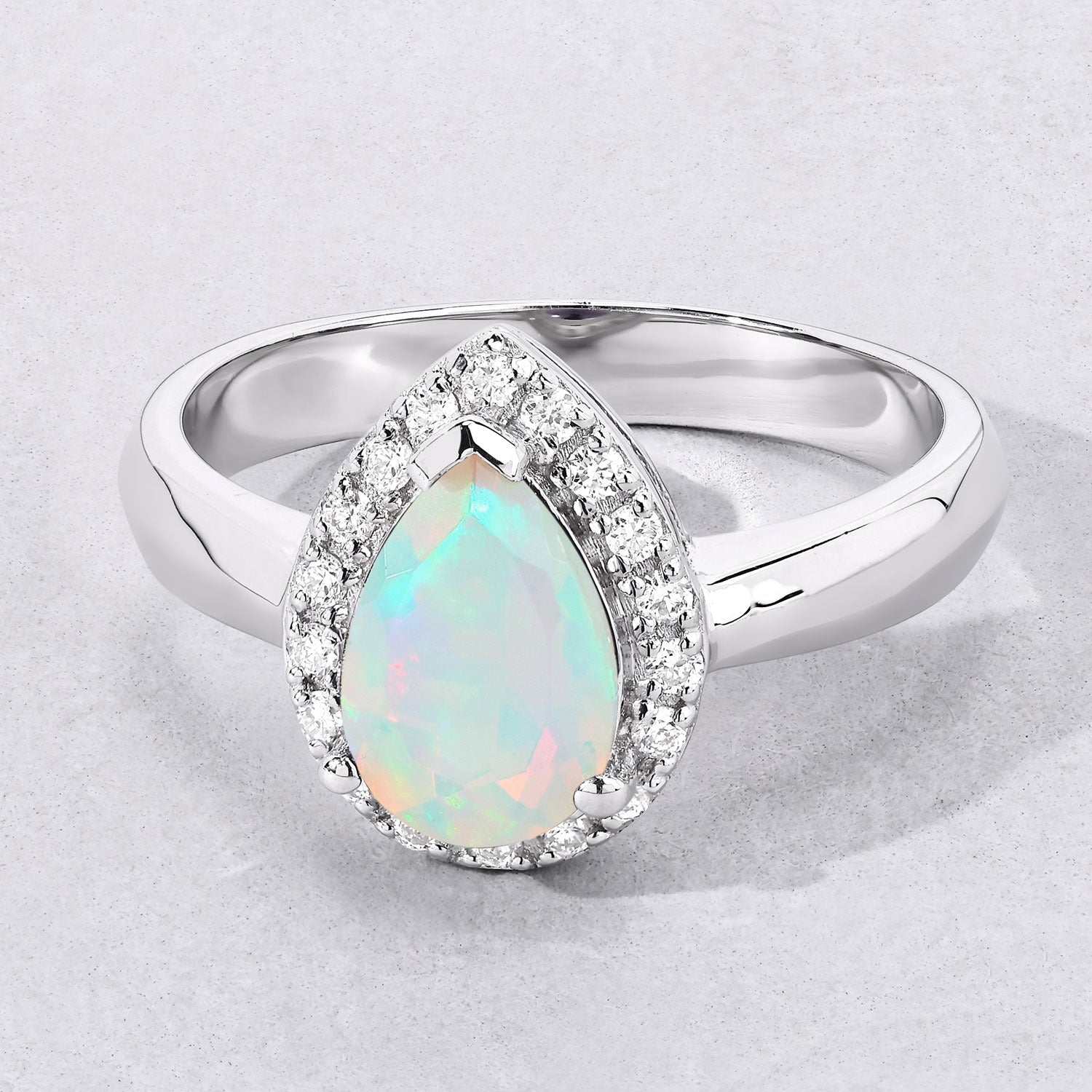1.08 Ct Genuine Ethiopian Opal and Lab Diamond Silver Teardrop Ring