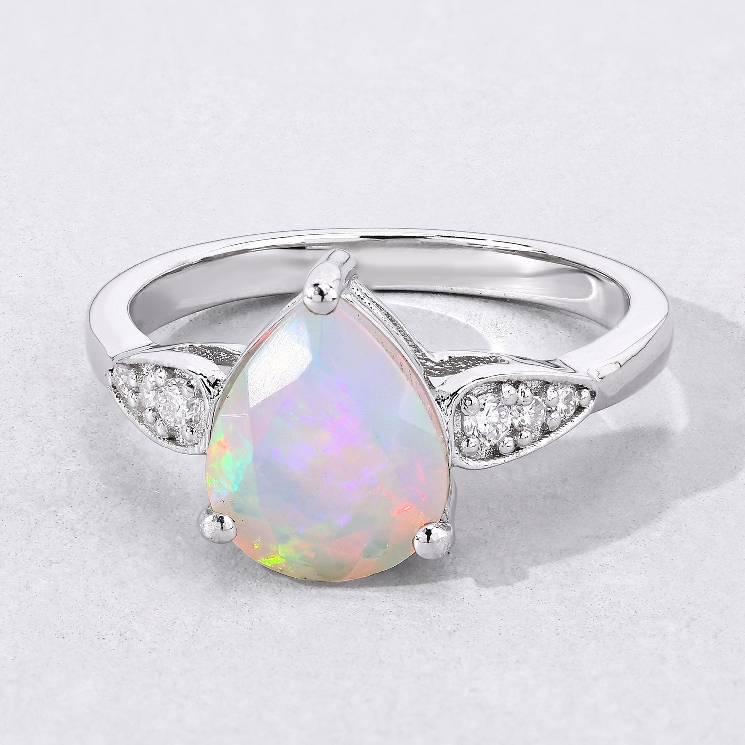 1.51 Ct Genuine Pear Ethiopian Opal and Lab Grown Diamond Silver Ring