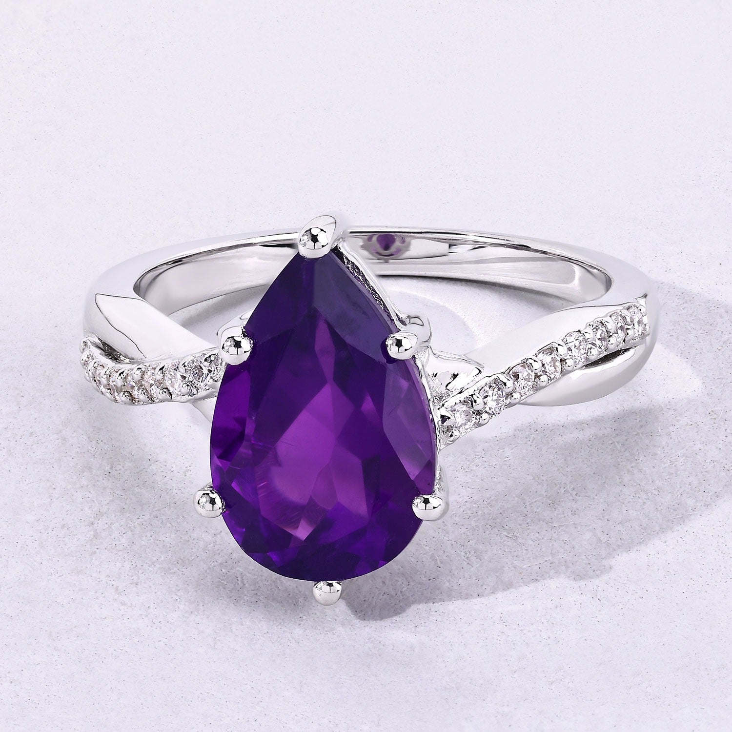 2.62 Ct Genuine Pear Shaped Amethyst Lab Diamond Silver Bypass Ring