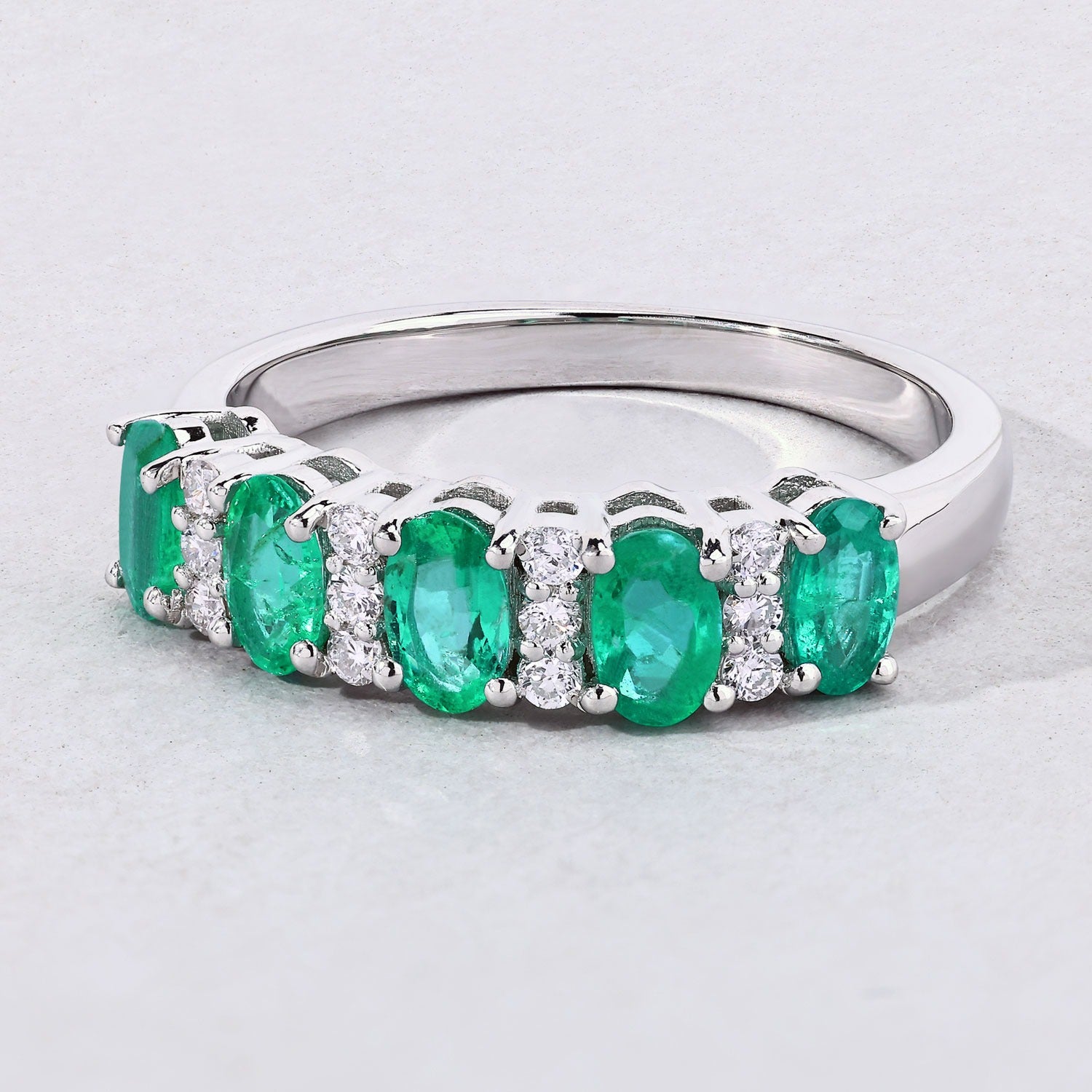 1.12 Ct Genuine Oval Emerald and Lab Diamond Silver Eternity Ring