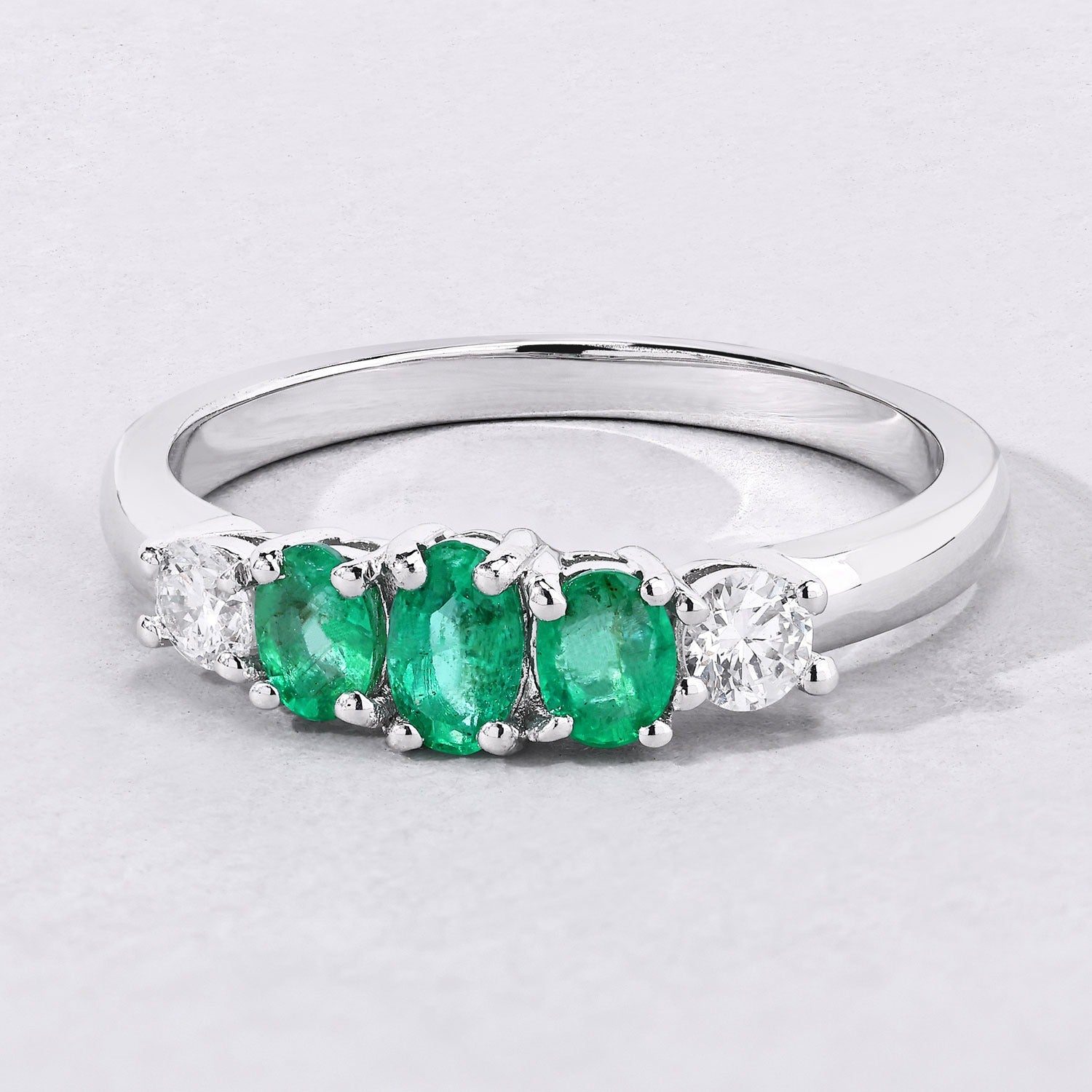 0.71 Ct Genuine Zambian Emerald and Lab Diamond 5 Stone Silver Ring