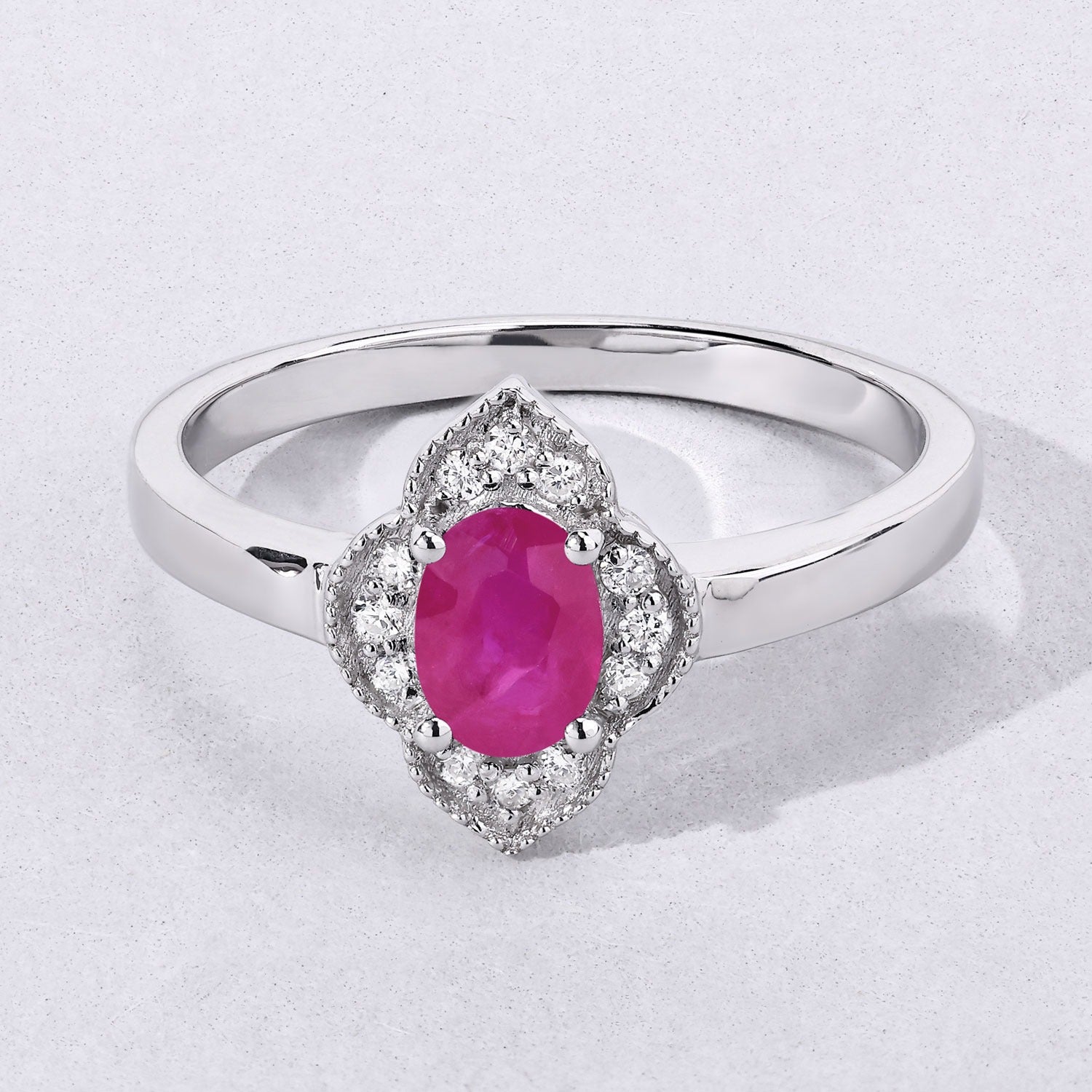 0.61 Ct Genuine Mozambique Ruby and Lab Diamond Halo Floral Ring
