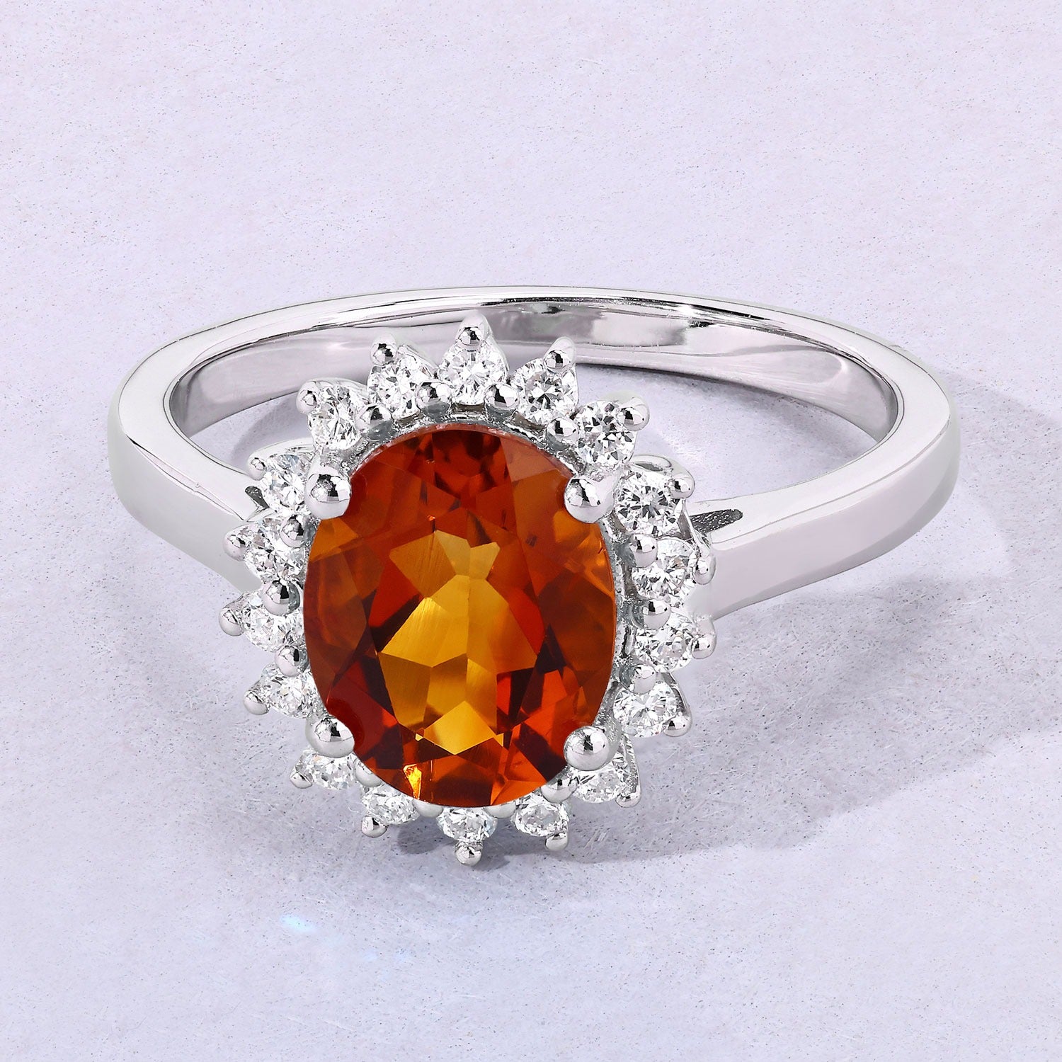 1.70 Ct Oval Yellow Madeira Citrine and Lab Grown Diamond Prong Silver Halo Ring