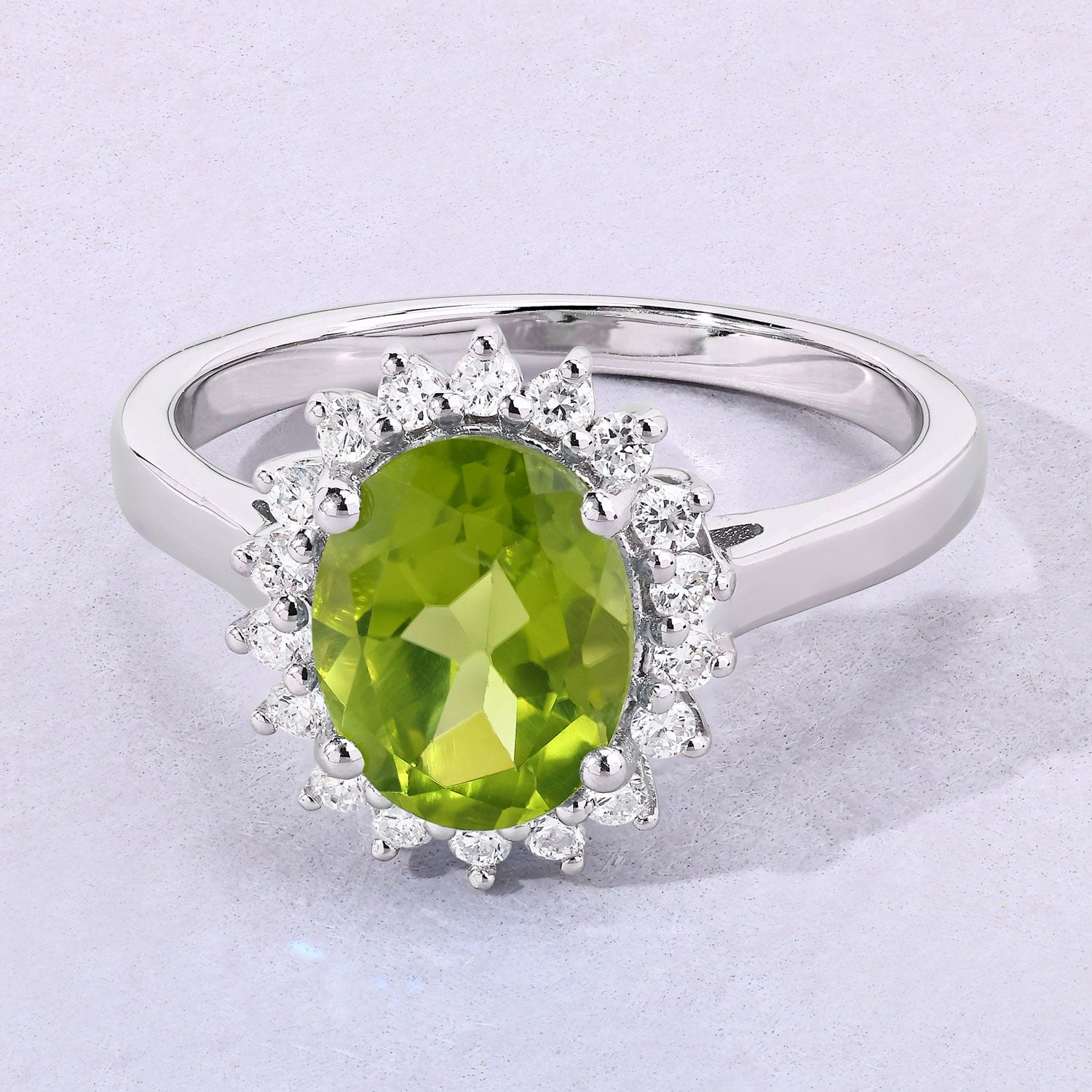 1.97 Ct Green Genuine Peridot and Lab Grown Diamond Silver Halo Ring