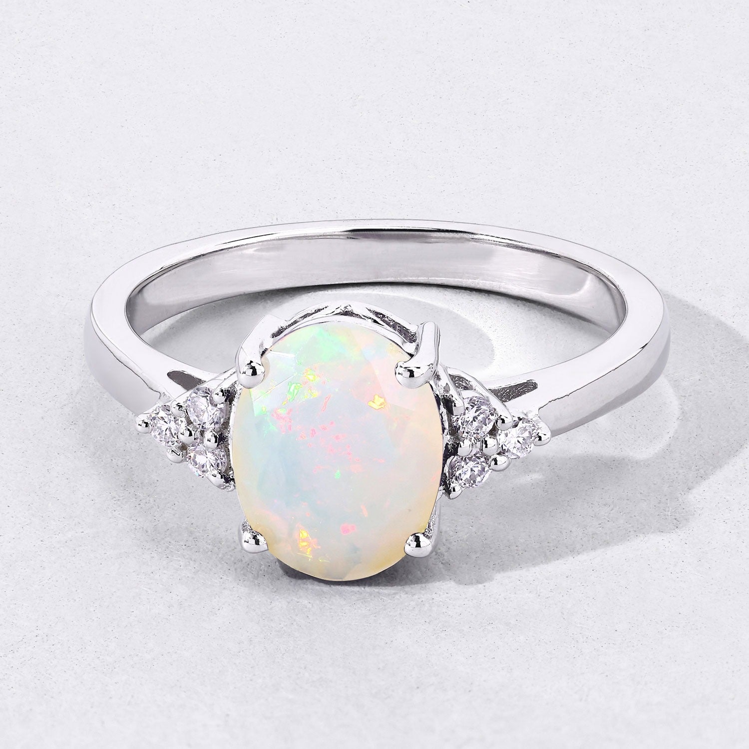 0.99 Ct Genuine Ethiopian Opal and Lab Diamond Silver Cocktail Ring