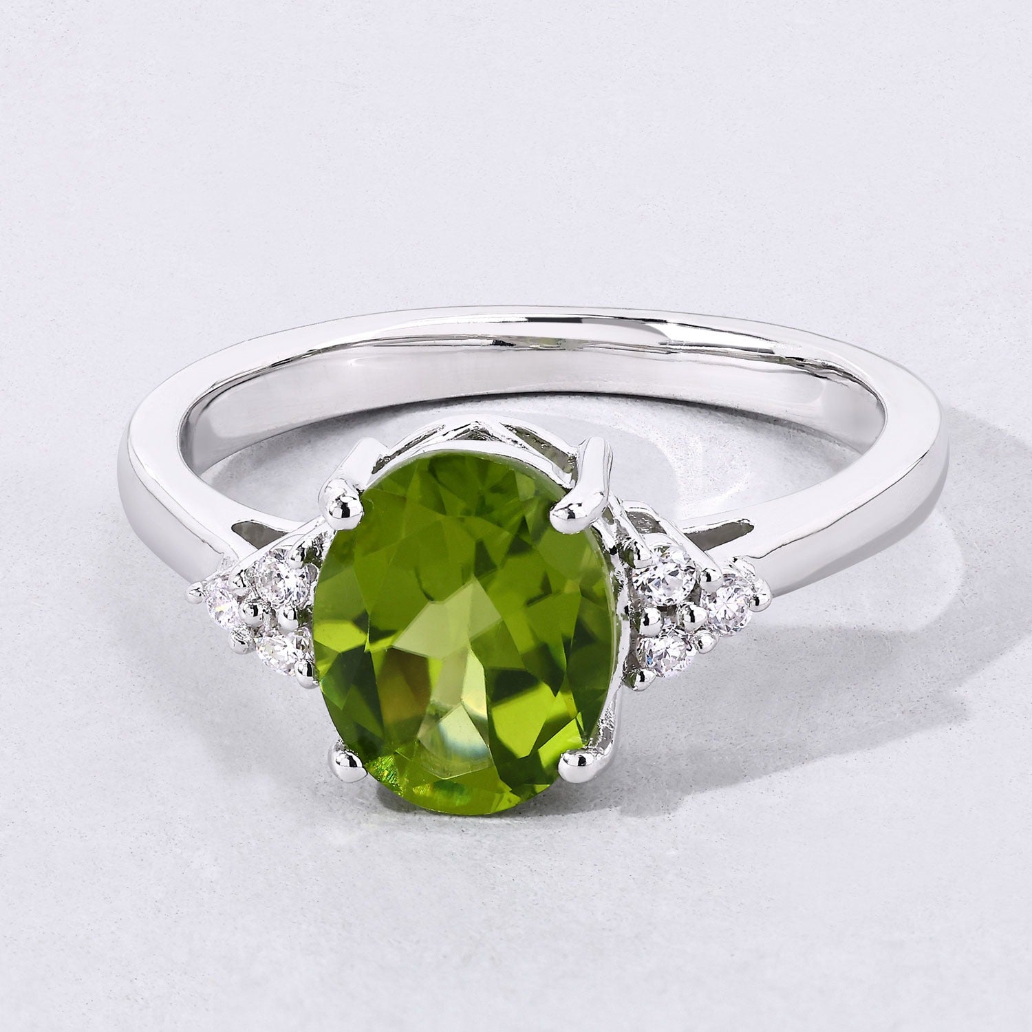 1.79 Ct Genuine Peridot and Lab Diamond Silver Oval Cocktail Ring