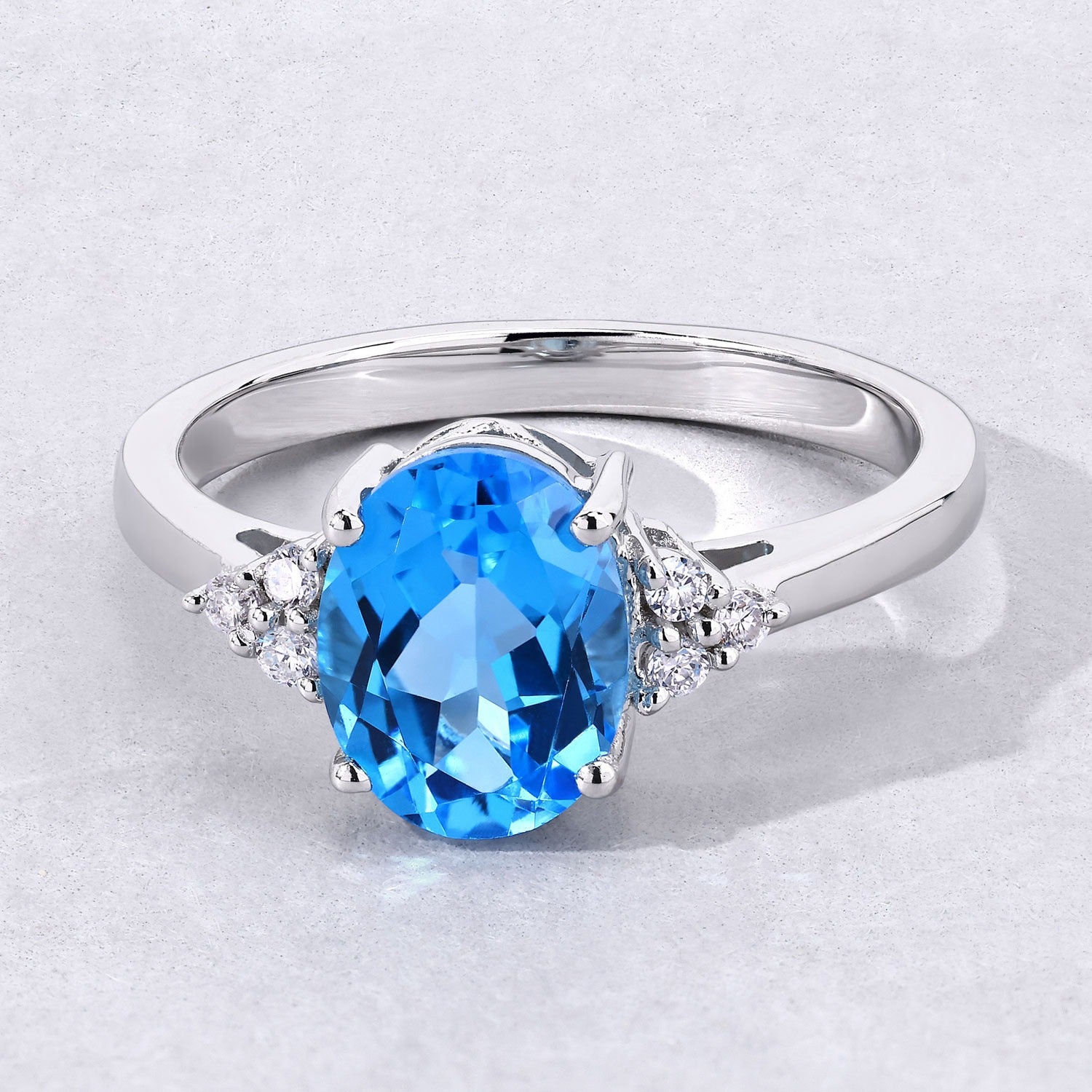 2.09 Ct Genuine Swiss Blue Topaz and Lab Diamond Silver Oval Cocktail Ring