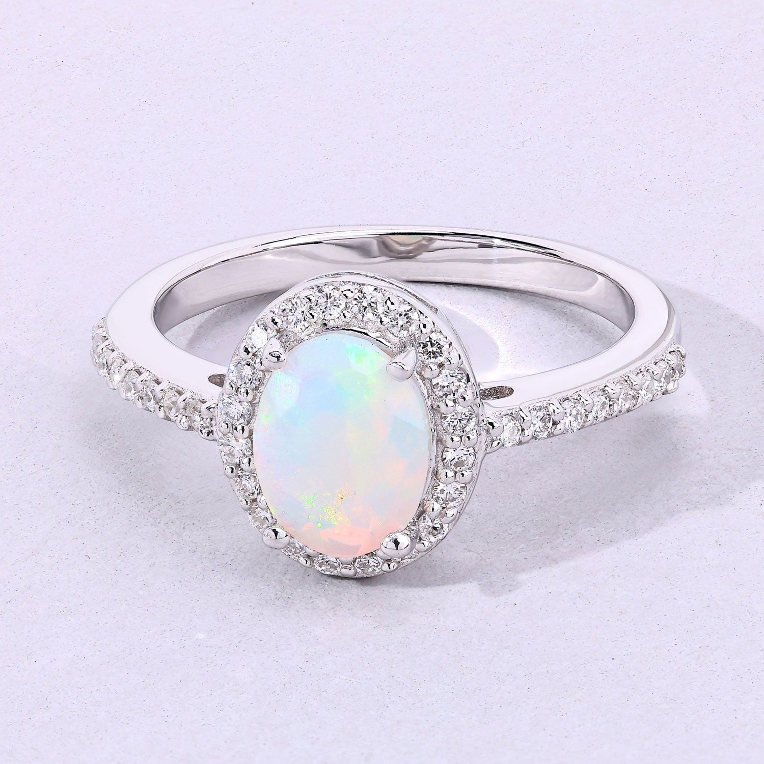 0.92 Ct Genuine Ethiopian Opal and Lab Diamond Silver Halo Pave Ring