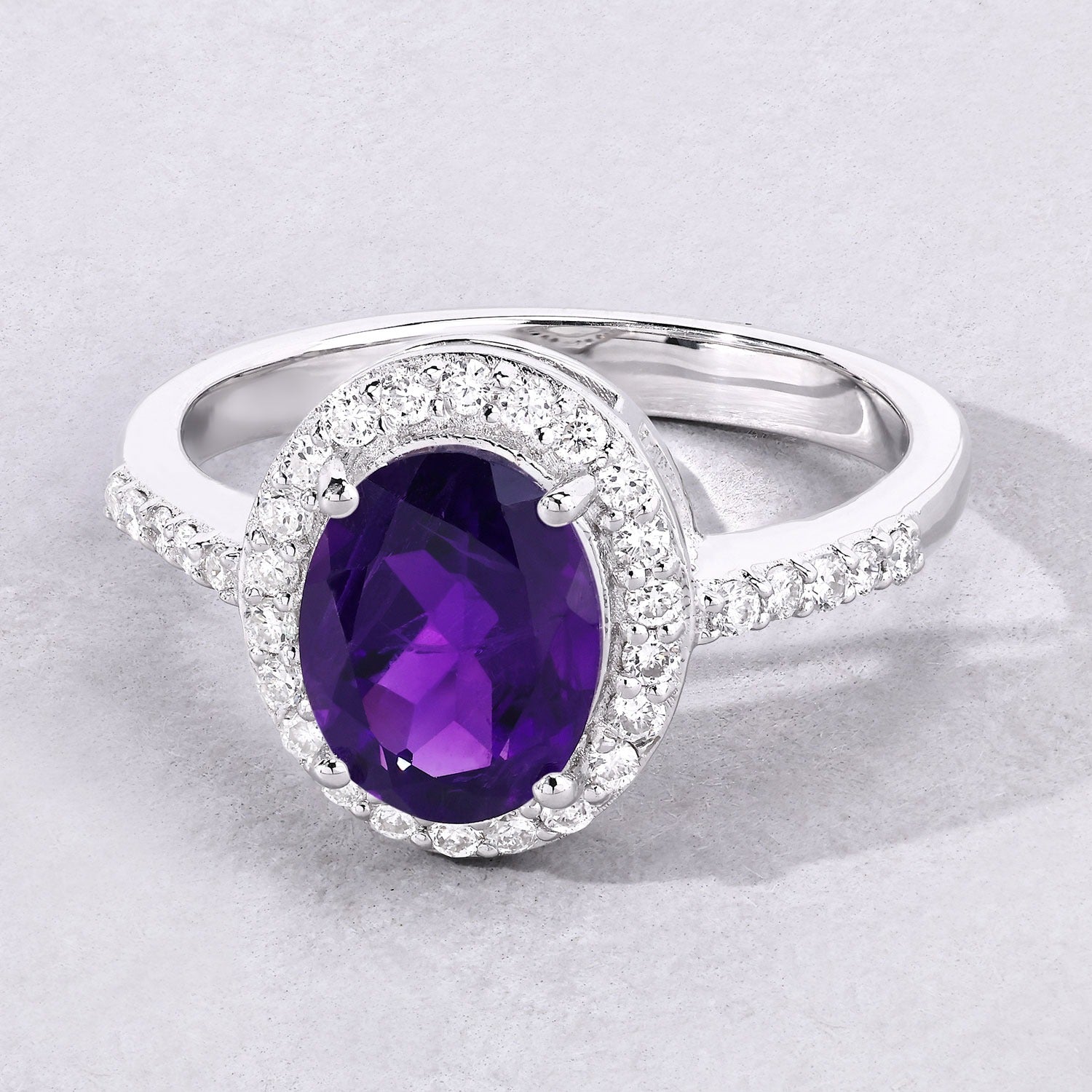 1.92 Ct Genuine Purple Amethyst and Lab Diamond Silver Halo Ring