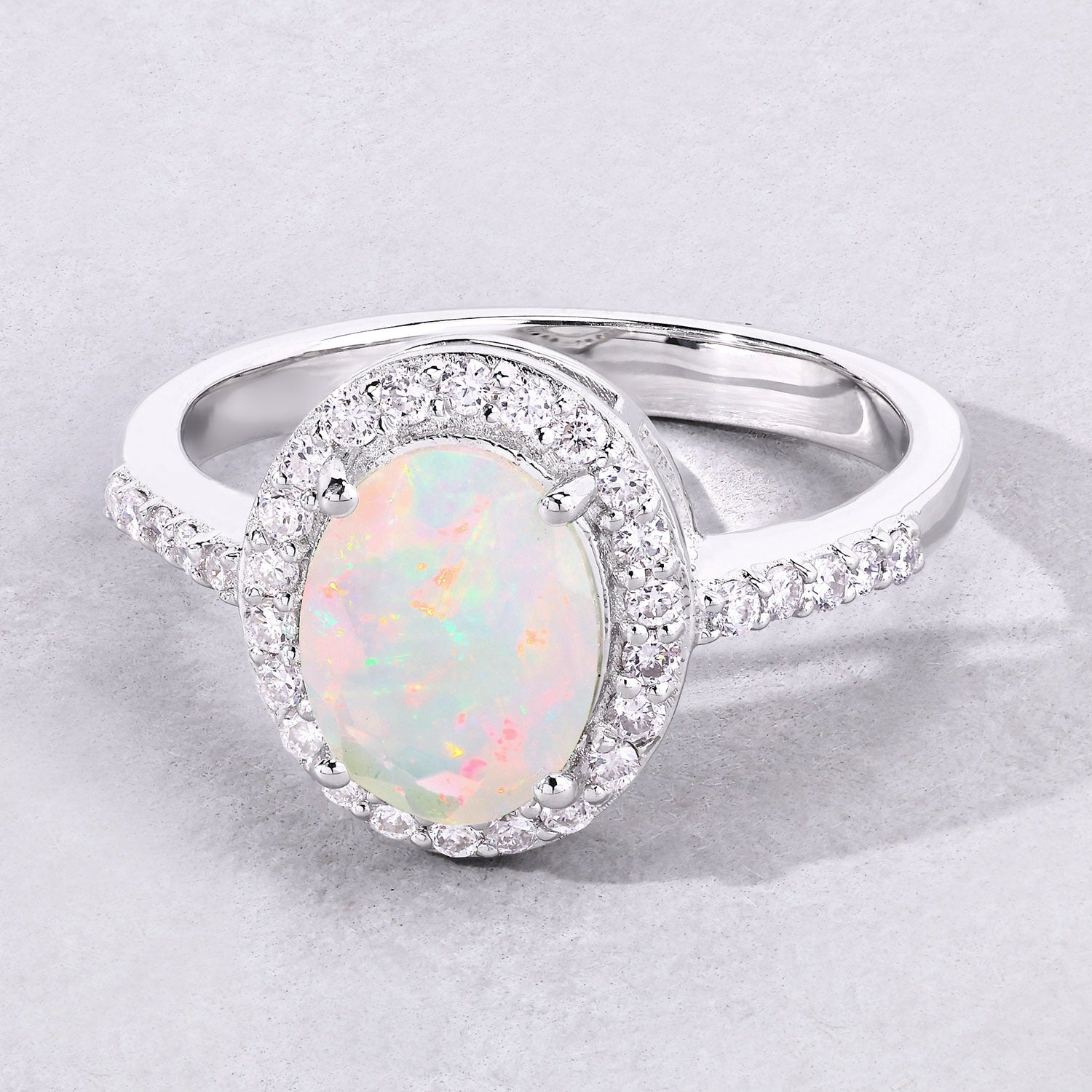 1.22 Ct Genuine Ethiopian Opal and Lab Diamond Silver Halo Ring