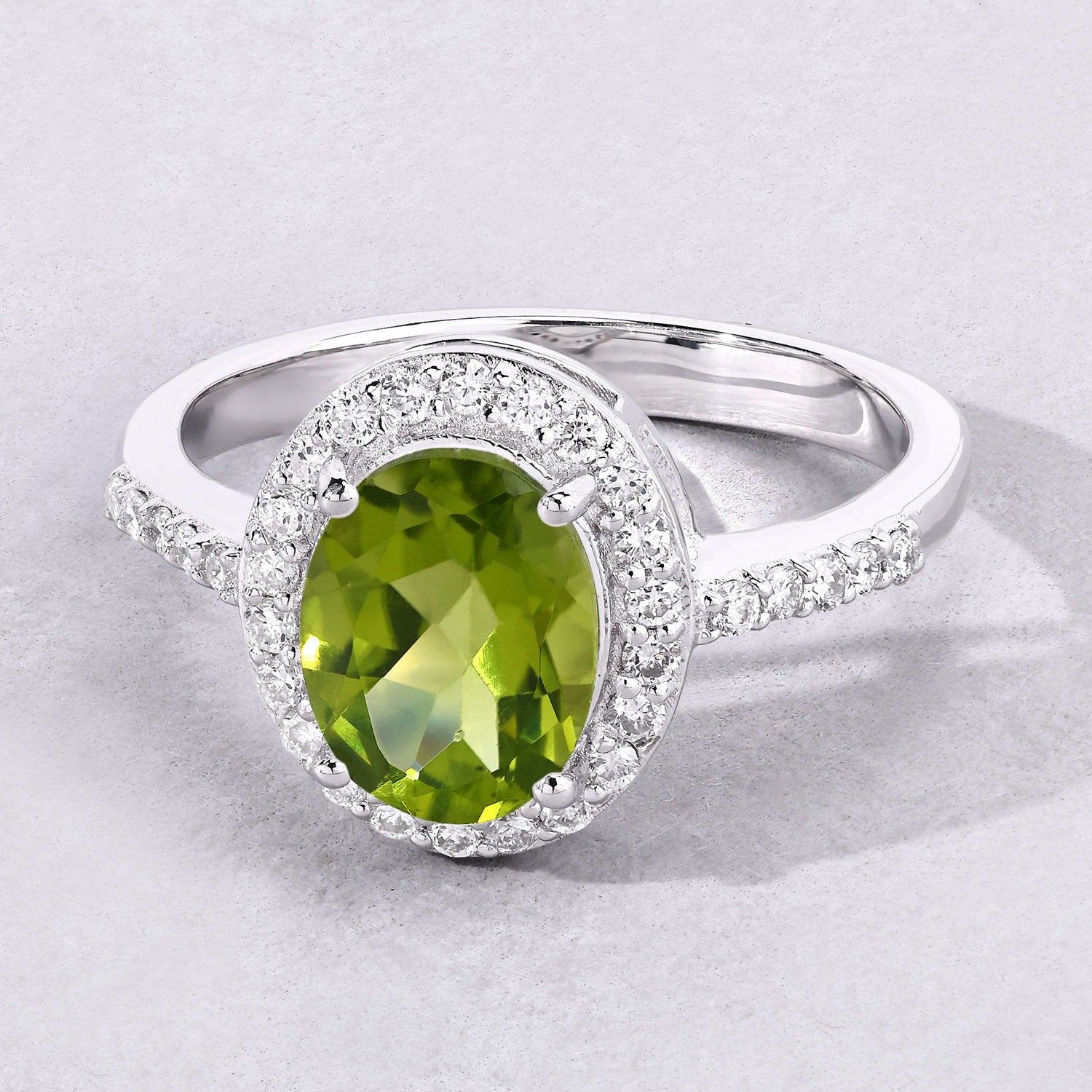 2.02 Ct Genuine Green Peridot and Lab Diamond Silver Halo Ring