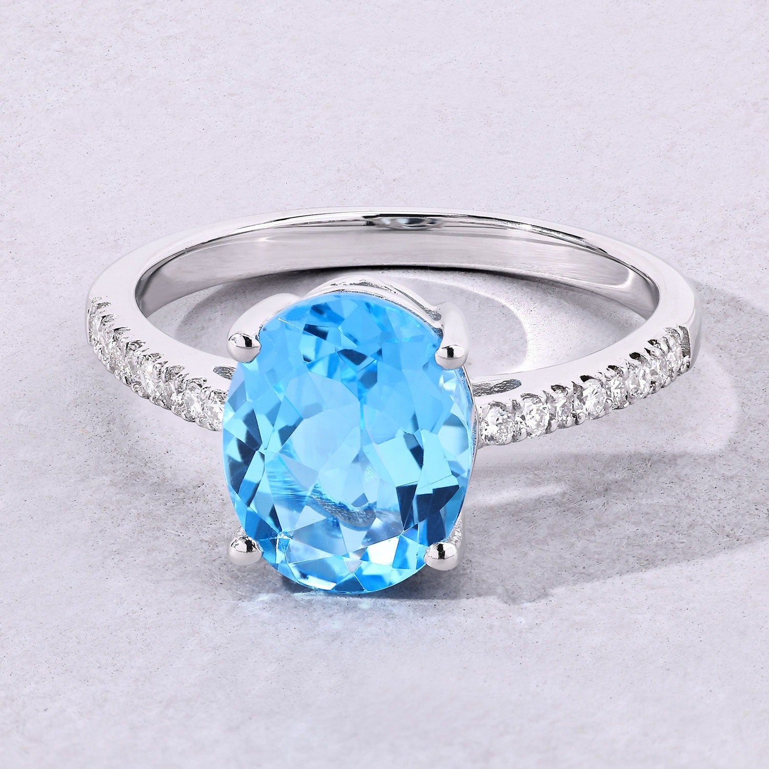 2.71 Ct Genuine Oval Swiss Blue Topaz and Lab Diamond Pave Silver Ring