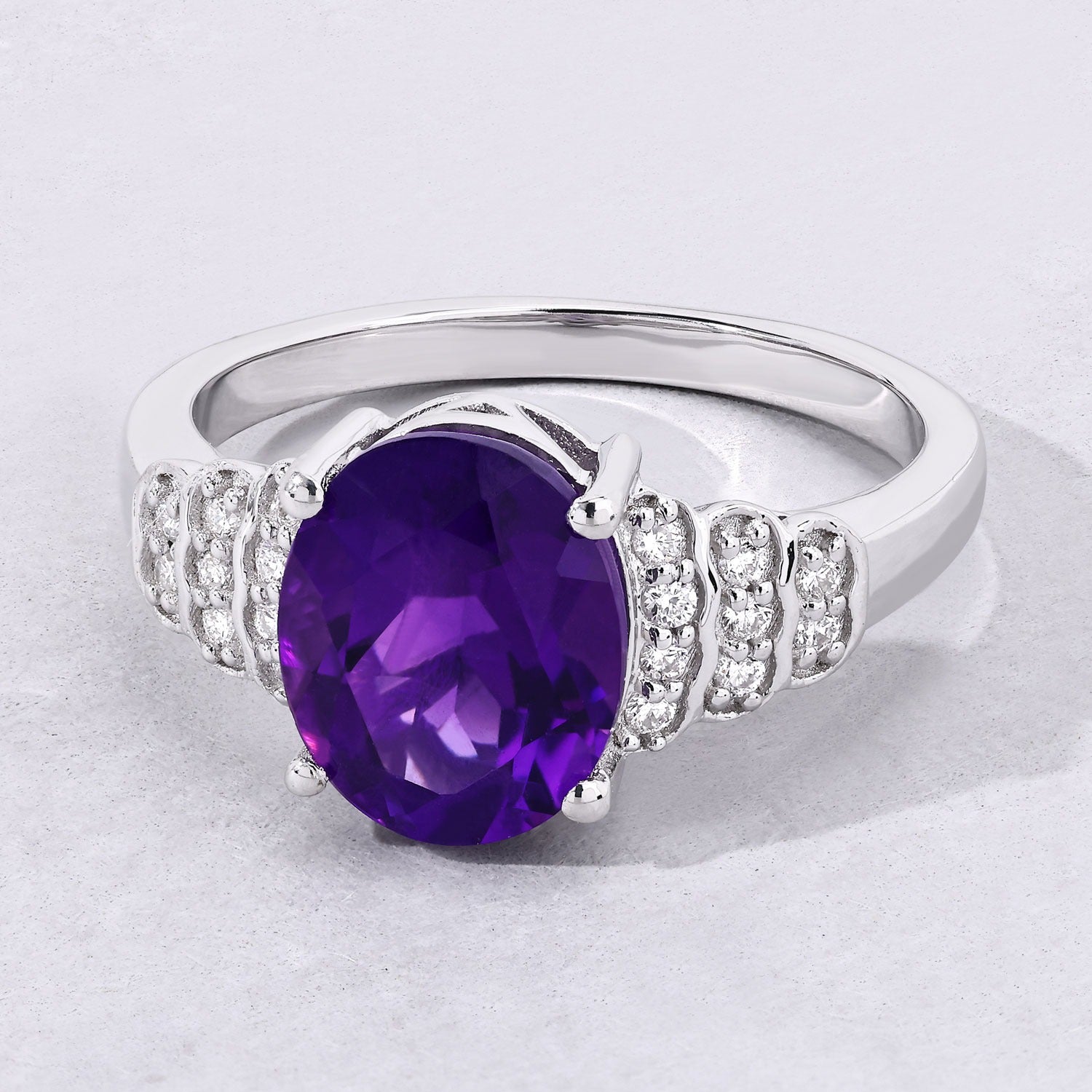 2.34 Ct Genuine Oval Amethyst and Lab Diamond Silver Ring