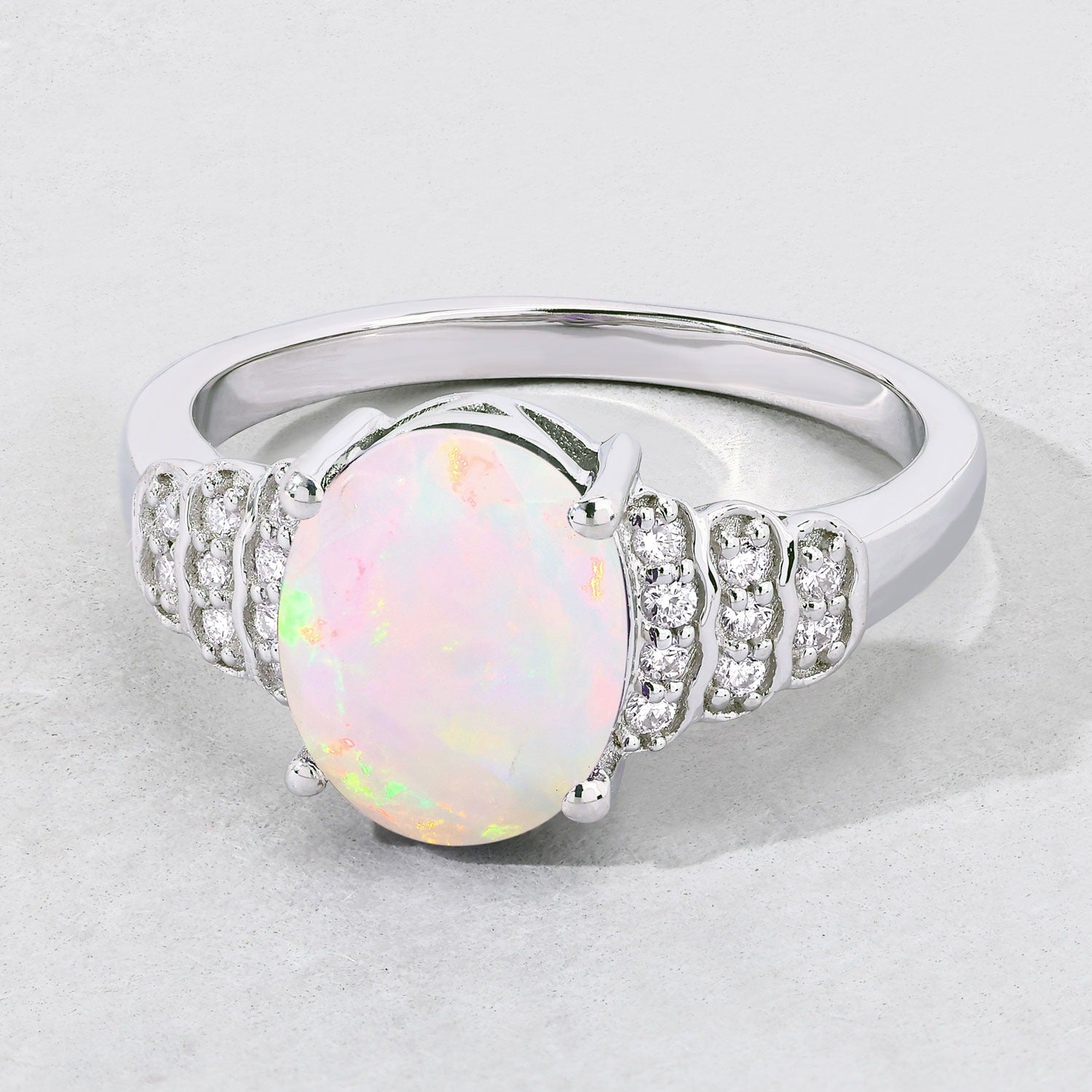 1.70 Ct Genuine Oval Ethiopian Opal and Lab Diamond Silver Ring