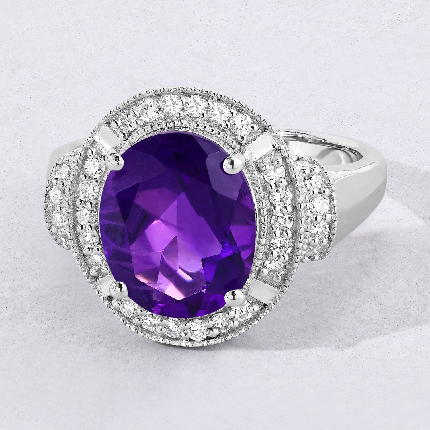 3.54 Ct Genuine Amethyst and Lab Diamond Silver Statement Ring Fine Color Jewels
