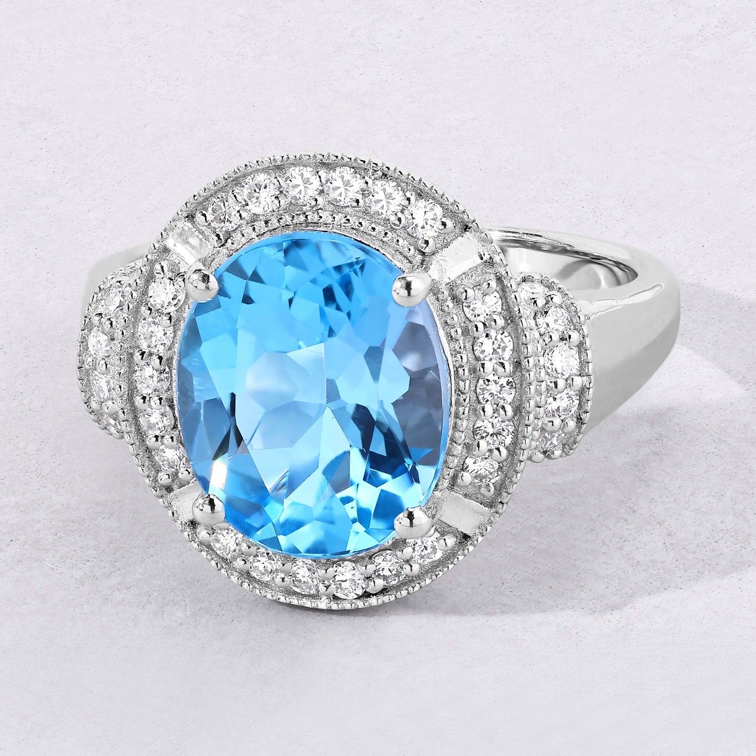 4.34 Ct Genuine Swiss Blue Topaz and Lab Diamond Silver Statement Ring Fine Color Jewels