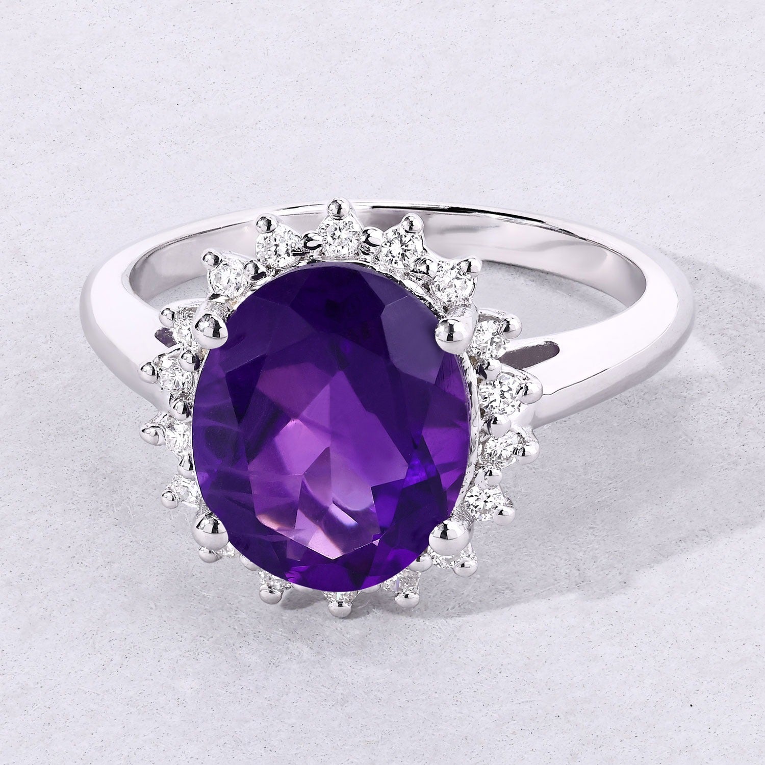 3.47 Ct Genuine Amethyst and Lab Grown Diamond Silver Halo Ring Fine Color Jewels