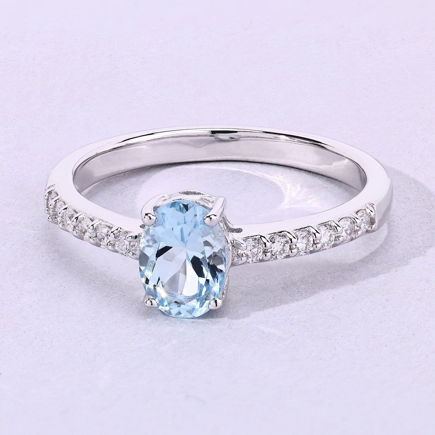 0.78 Ct Genuine Aquamarine and Lab Diamond Silver Oval Pave Ring Fine Color Jewels