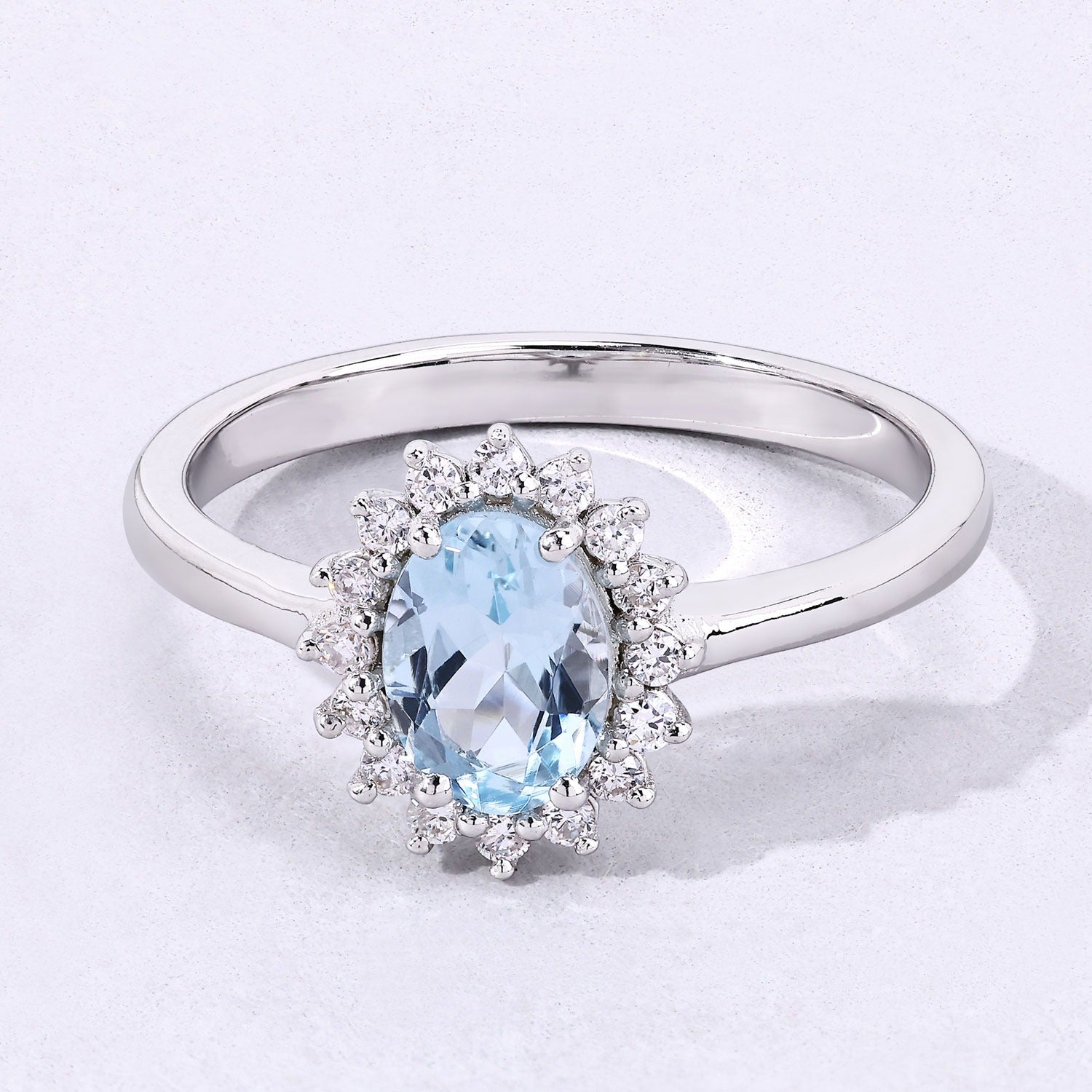 0.76 Ct Genuine Oval Aquamarine and Lab Diamond Silver Halo Ring Fine Color Jewels