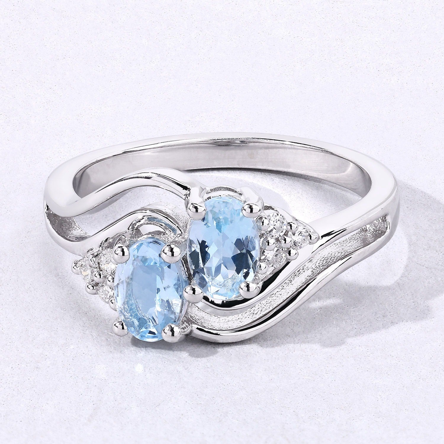 0.89 Ct Genuine Aquamarine and Lab Diamond Silver Bypass Promise Ring Fine Color Jewels
