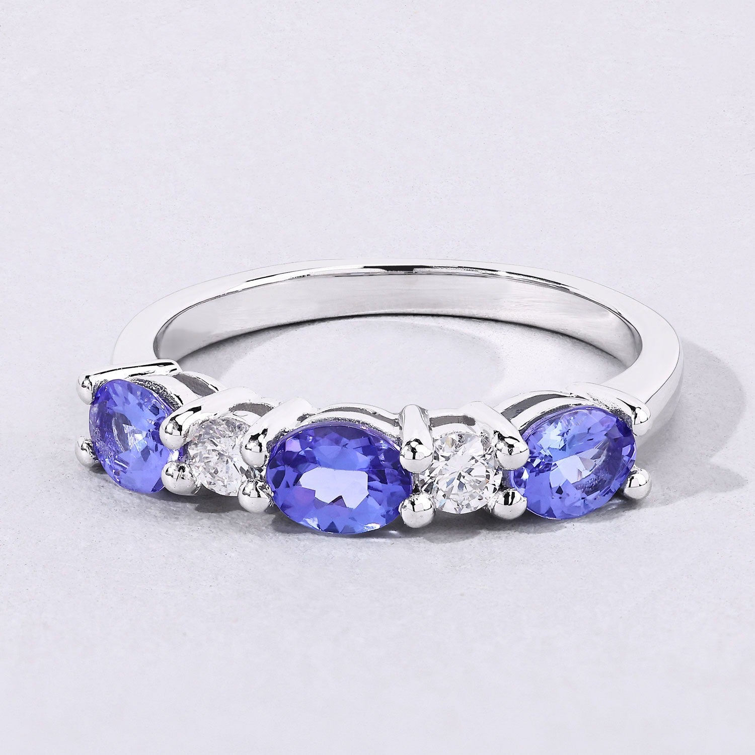 1.19 Ct Genuine Tanzanite and Lab Diamond Silver 5 Stone Ring Fine Color Jewels