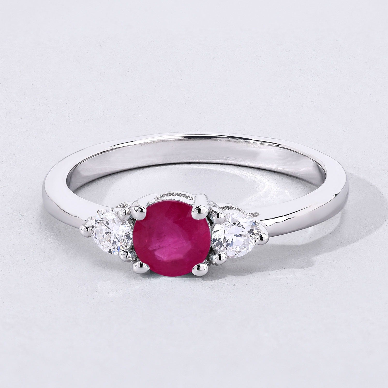 0.77 Ct Genuine Mozambique Ruby and Lab Diamond Silver 3 Stone Ring Fine Color Jewels