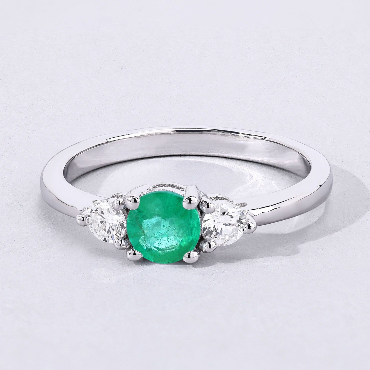 0.64 Ct Genuine Zambian Emerald and Lab Diamond Silver 3 Stone Ring Fine Color Jewels
