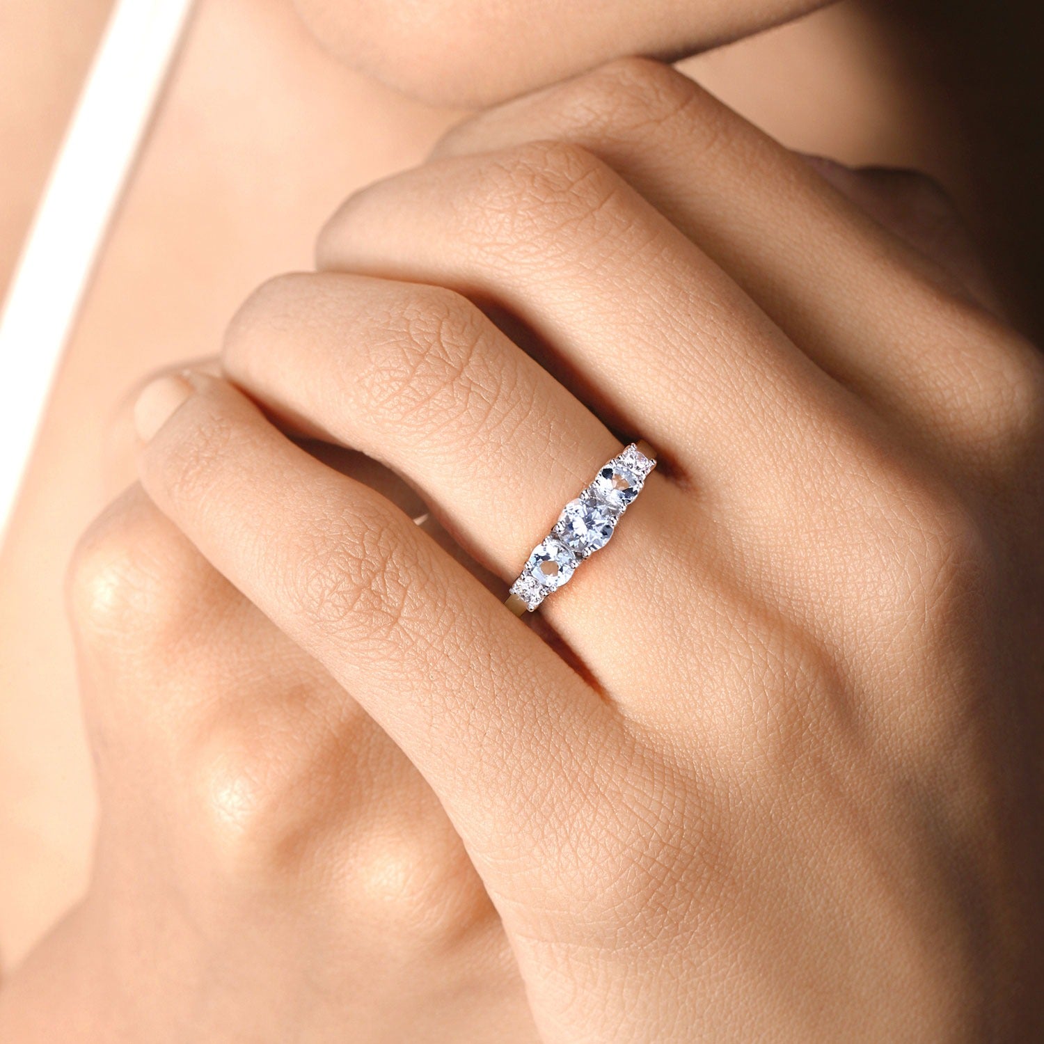 1.04 Ct Genuine Round Aquamarine and Lab Grown Diamond Sterling Silver 5 Stone Ring