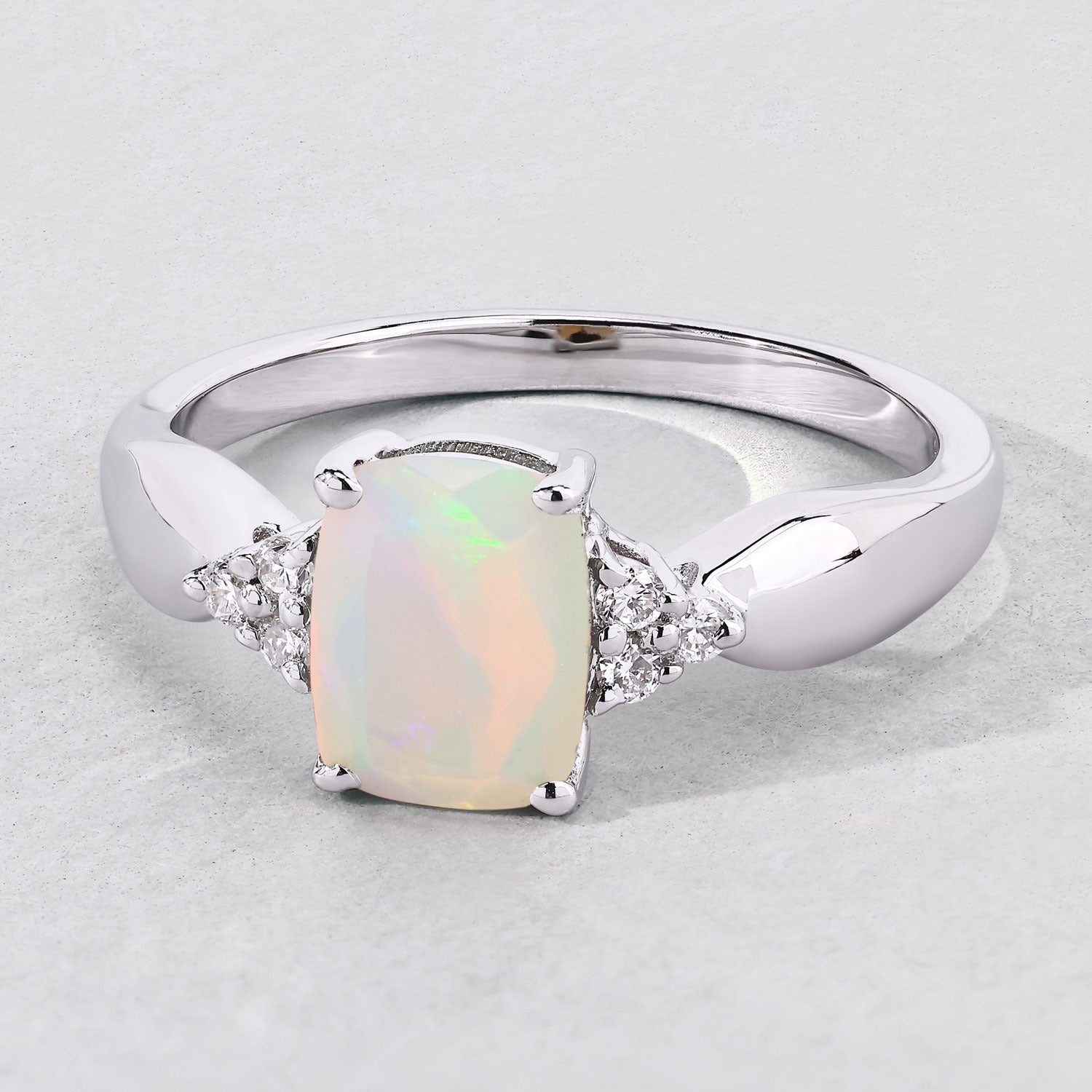 0.94 Ct Genuine Ethiopian Opal and Lab Diamond Silver Cushion Cut Cocktail Ring Fine Color Jewels