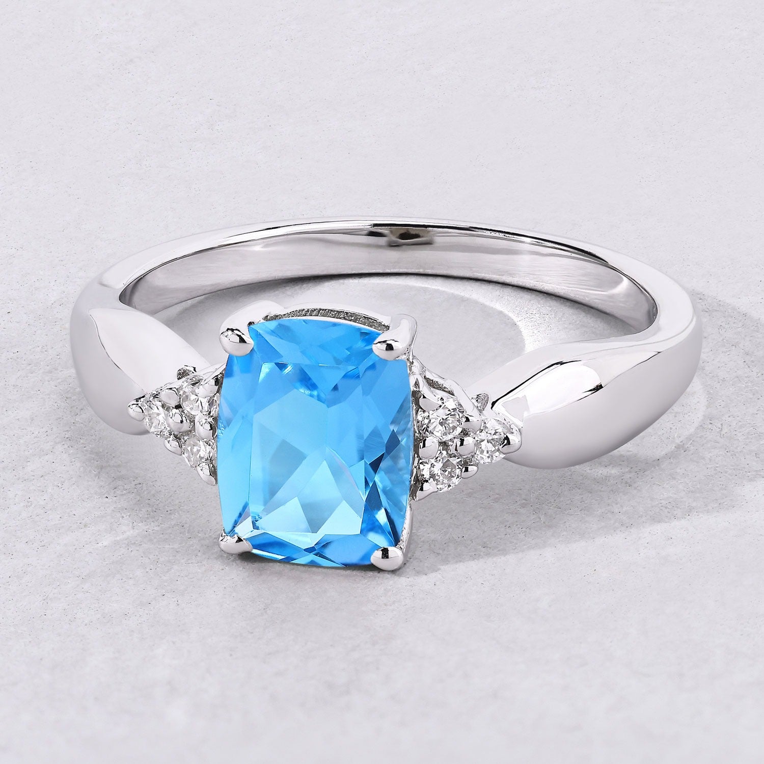 1.60 Ct Genuine Swiss Blue Topaz and Lab Diamond Silver Cushion Cut Cocktail Ring Fine Color Jewels
