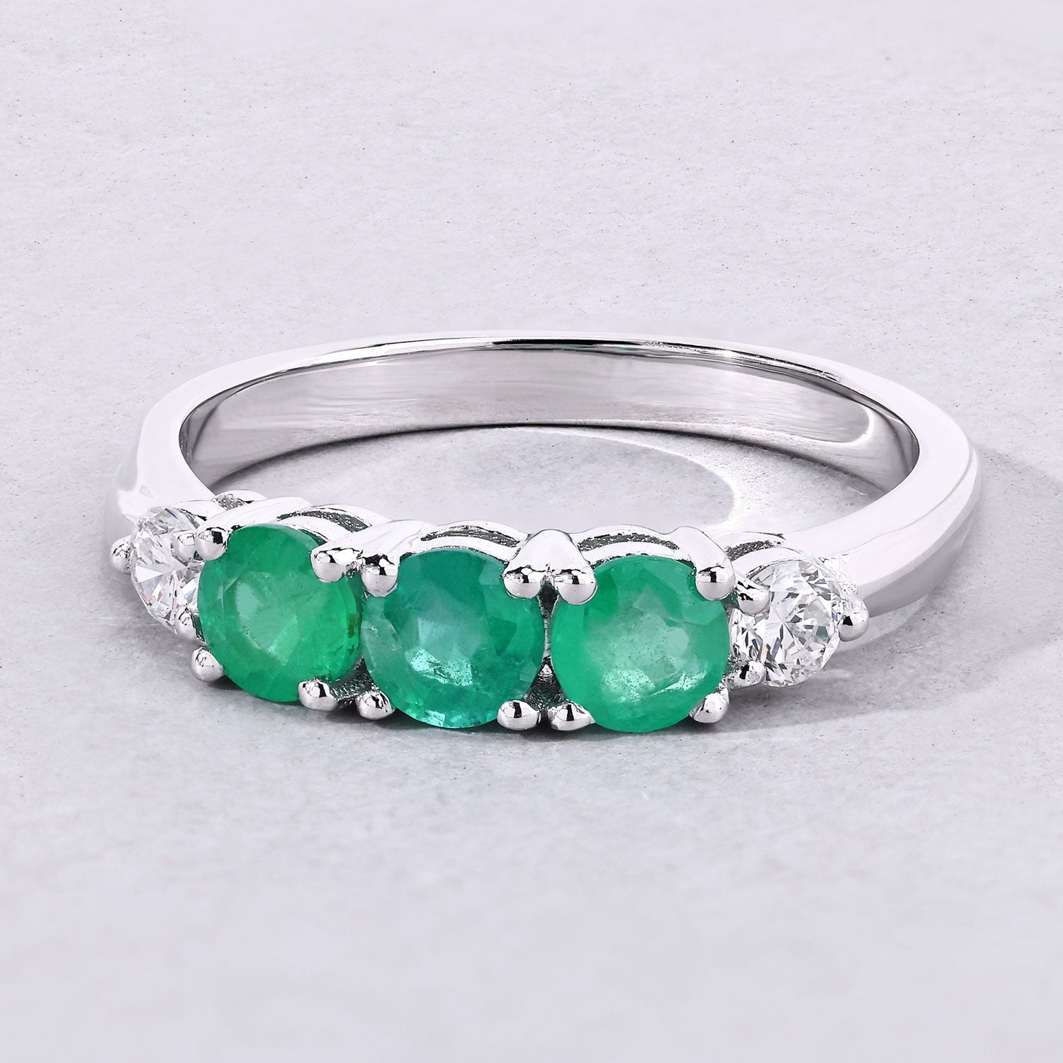 0.91 Ct Genuine Zambian Emerald and Lab Diamond Silver 5 Stone Ring Fine Color Jewels